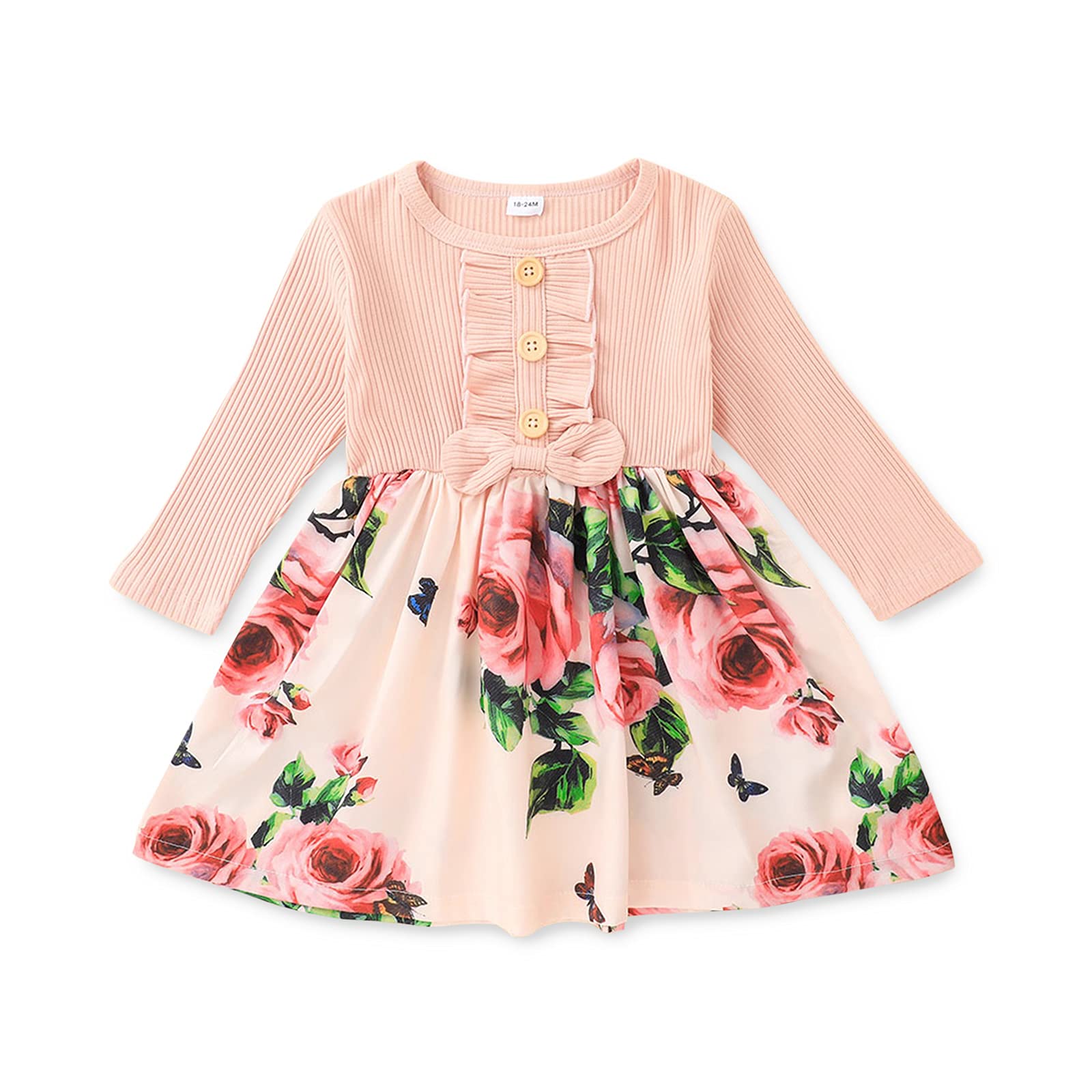 PatPat Baby Toddler Floral Print Bowknot Dress - Colorblock Round Neck Long Sleeve Fall Dress for Girls 1-3 Years | Perfect for Birthday Parties, Family Photos & Autumn Outings