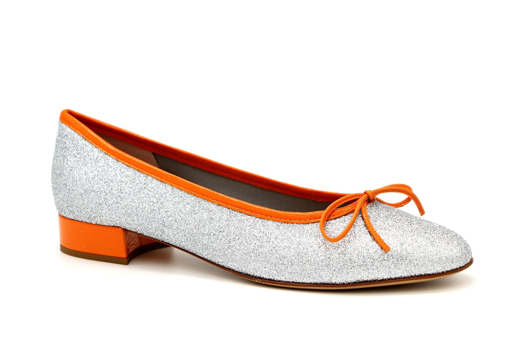 FABUCCI Women's Silver Shimmer Ballet Flats with Orange Trim - Comfortable Slip-On Shoes for Work, Party & Casual Wear