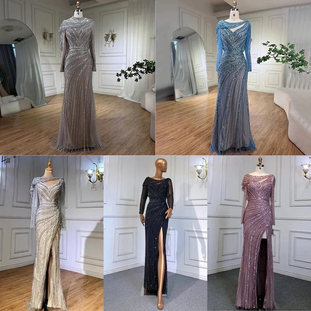 Elegant Silver Mermaid Evening Dress with High Slit & Beaded Details - Luxury Women's Party Gown for Prom, Wedding & Formal Events - Serene Hill Collection LA70752L