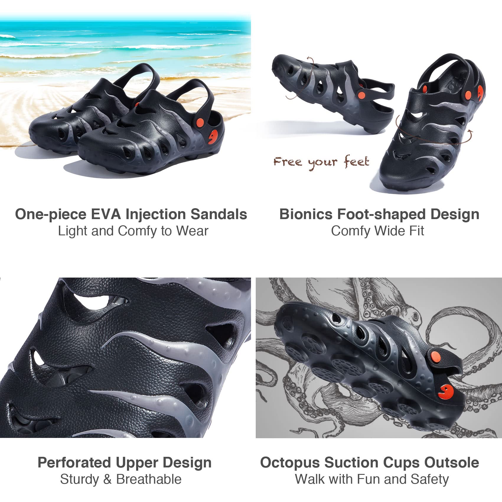 UIN Men's Slip-On Clog Shoes - Comfortable Garden, Beach & Outdoor Slippers with Octopus Design - Perfect for Gardening, Beach Walks and Casual Wear