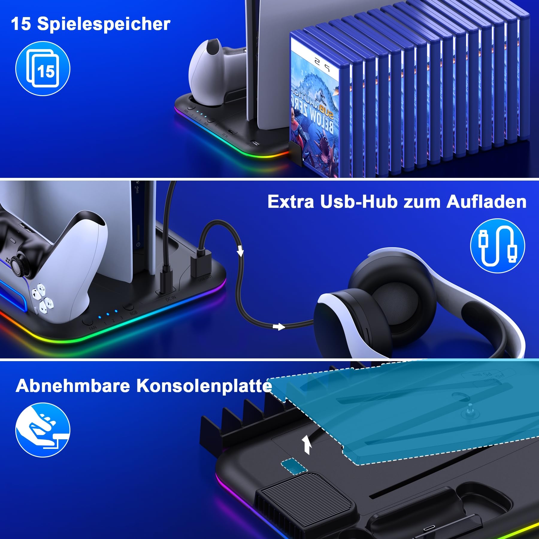 ALEEMTRY PS5 Stand with Cooling Fan & RGB Lights - 3-Speed Adjustable Cooling, 15 Game Storage Holder - Compatible with PS5 Slim Disc & Digital Edition - Perfect for Gaming Setup & Console Protection