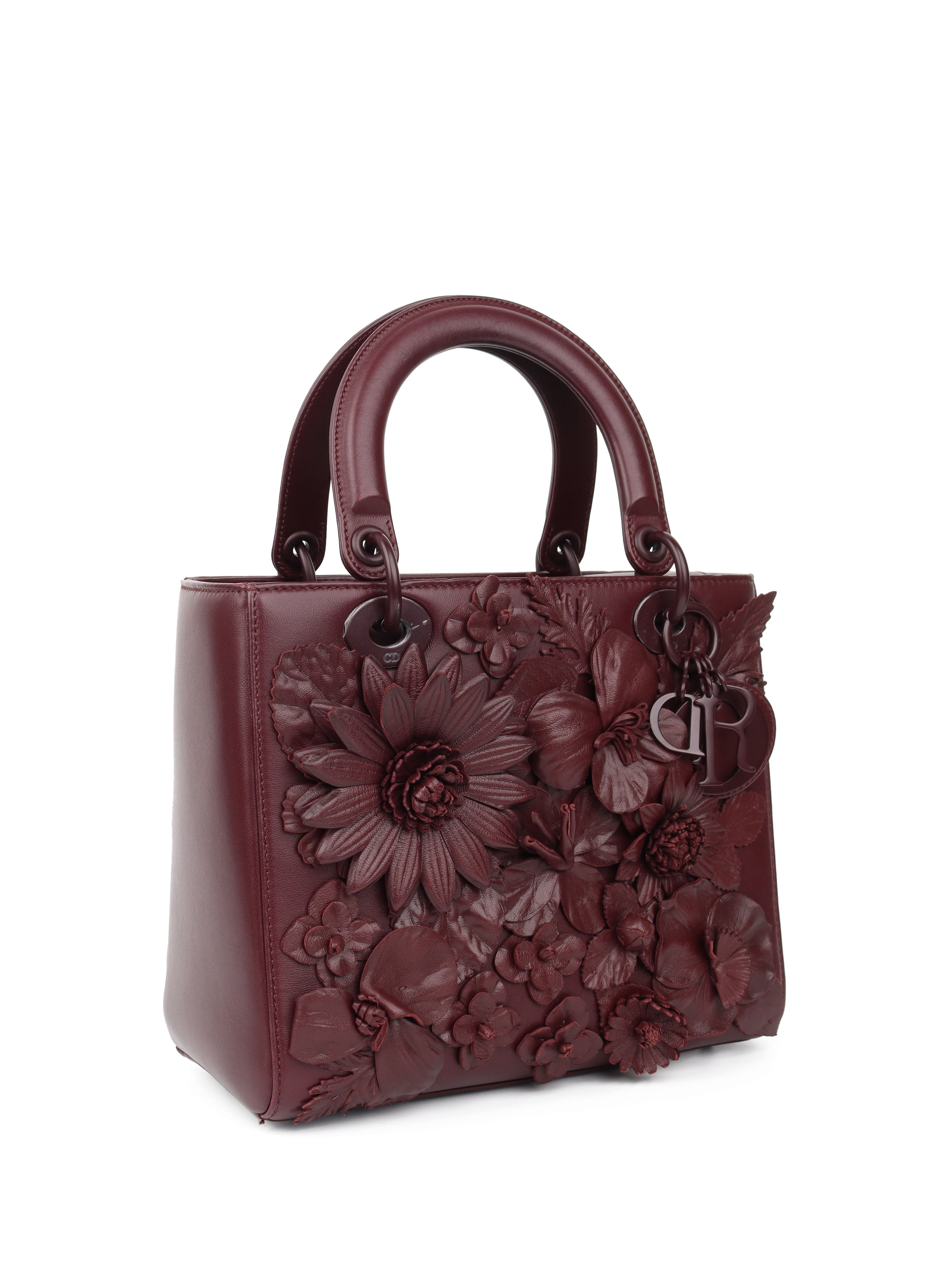 Dior Medium Lady Dior Handbag in Burgundy with Floral Applique - Perfect for Evening Events, Weddings & Luxury Fashion Accessories