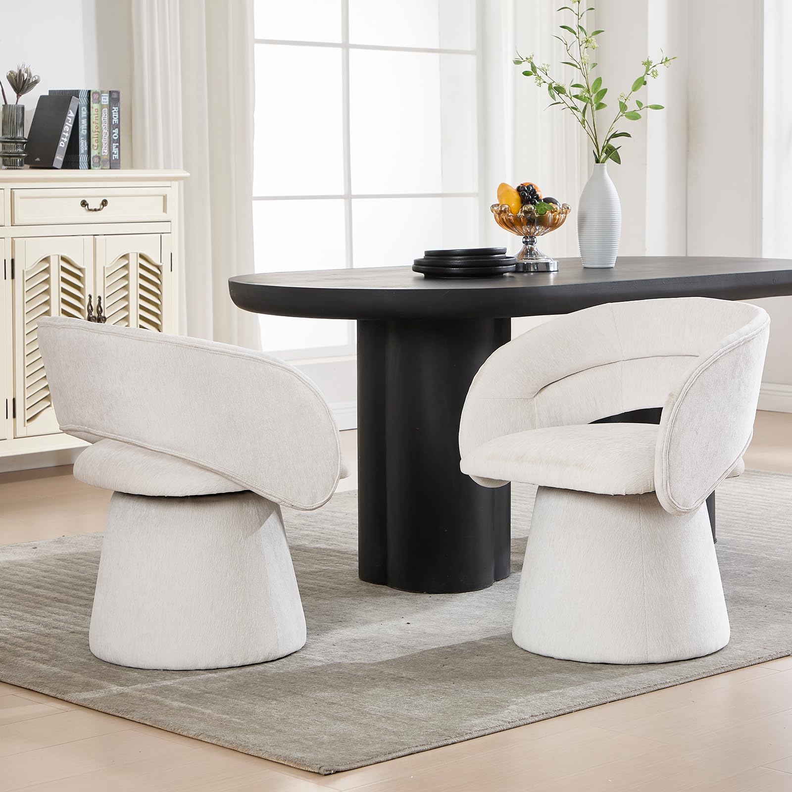 Guyou Modern Swivel Barrel Dining Chairs Set of 4 - Upholstered Accent Chairs with Hollow Barrel Back, White Chenille Fabric for Dining Room, Living Room, Bedroom & Vanity | Perfect for Home Decor, Entertaining Guests & Cozy Seating