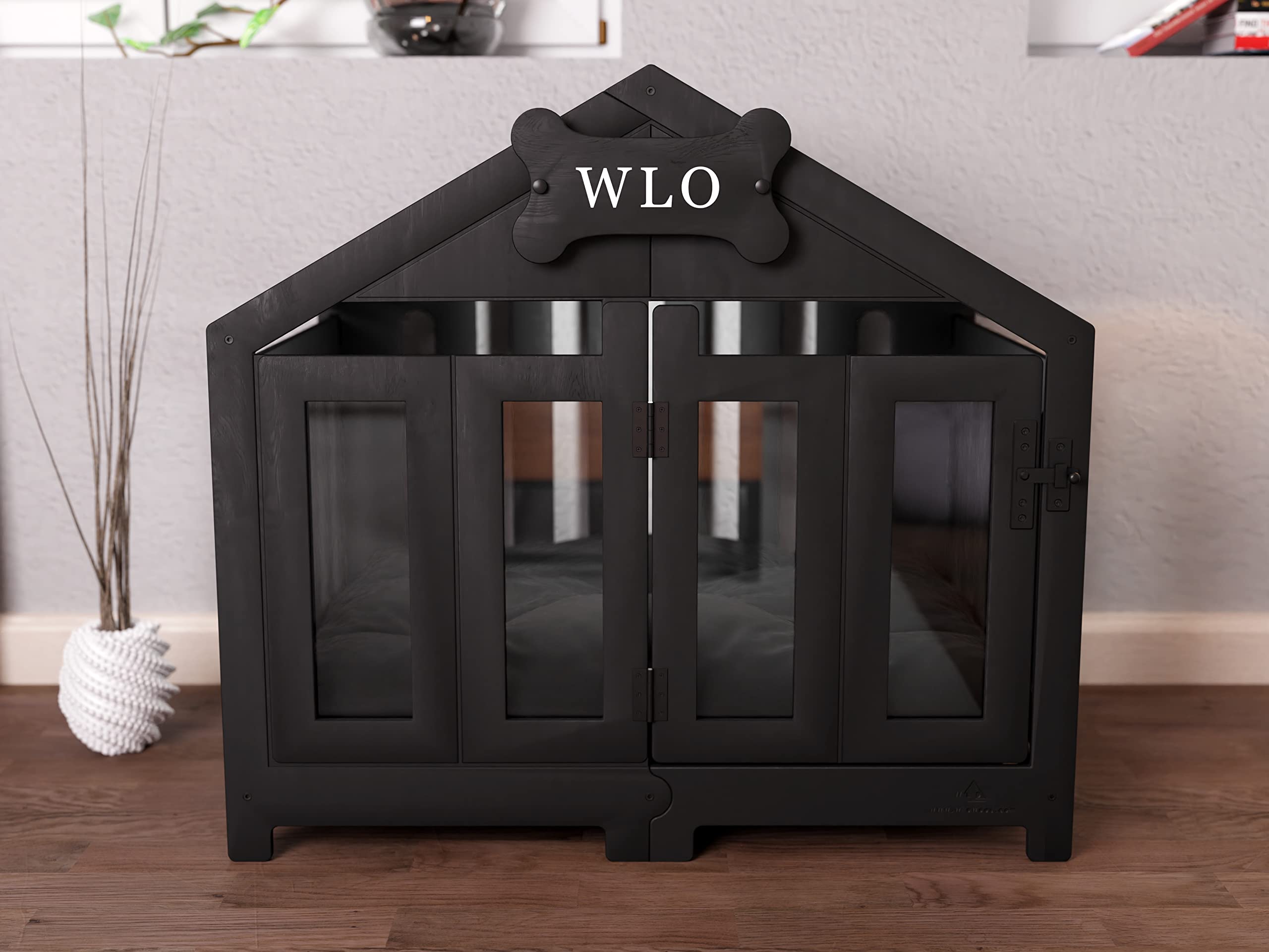 Modern Wooden Dog Crate with Gabled Roof - Indoor/Outdoor Pet Kennel, Dog Bed & House for Small to Medium Dogs up to 24lbs - Durable Pet Furniture for Home, Yard, Patio & Travel (Black)