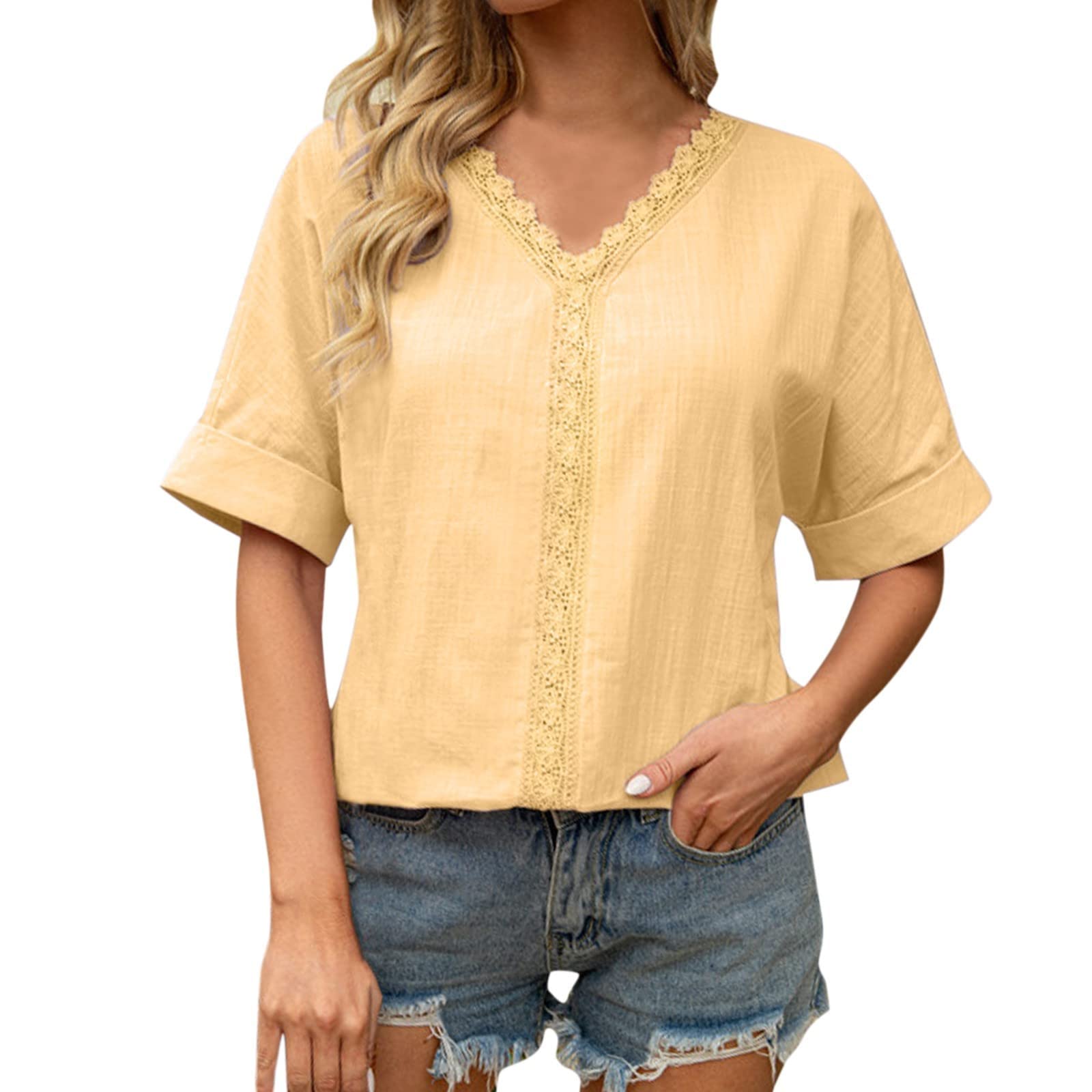 Women's V-Neck Lace Top Casual Loose Short Sleeve Tunic Blouse - Perfect for Summer Outfits, Beach Wear & Boho Style Fashion