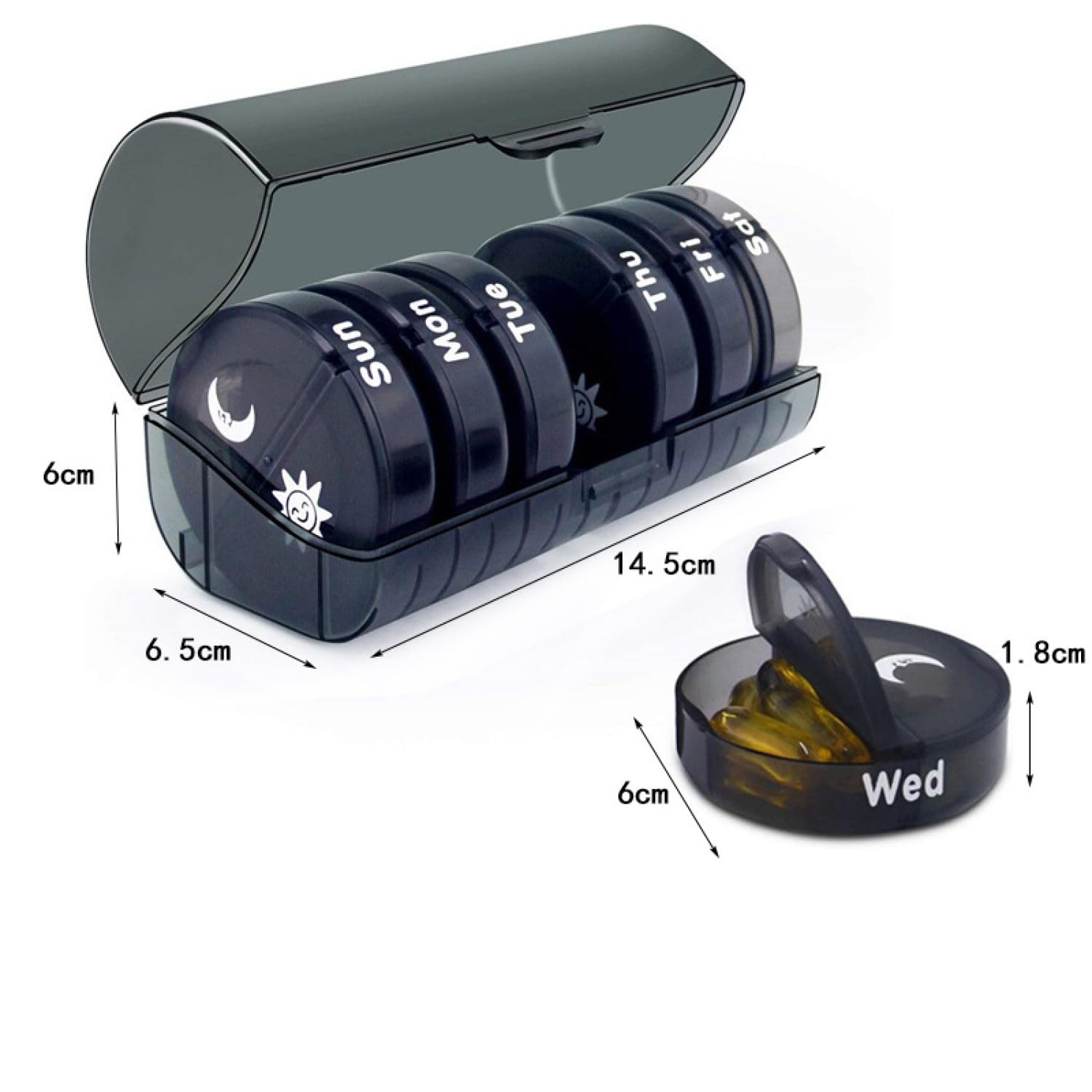 7-Day Pill Organizer with AM/PM Compartments - Round Moisture-Proof Medicine Dispenser Box for Daily Vitamin & Medication Storage (Black) | Perfect for Travel, Home Use & Elderly Care