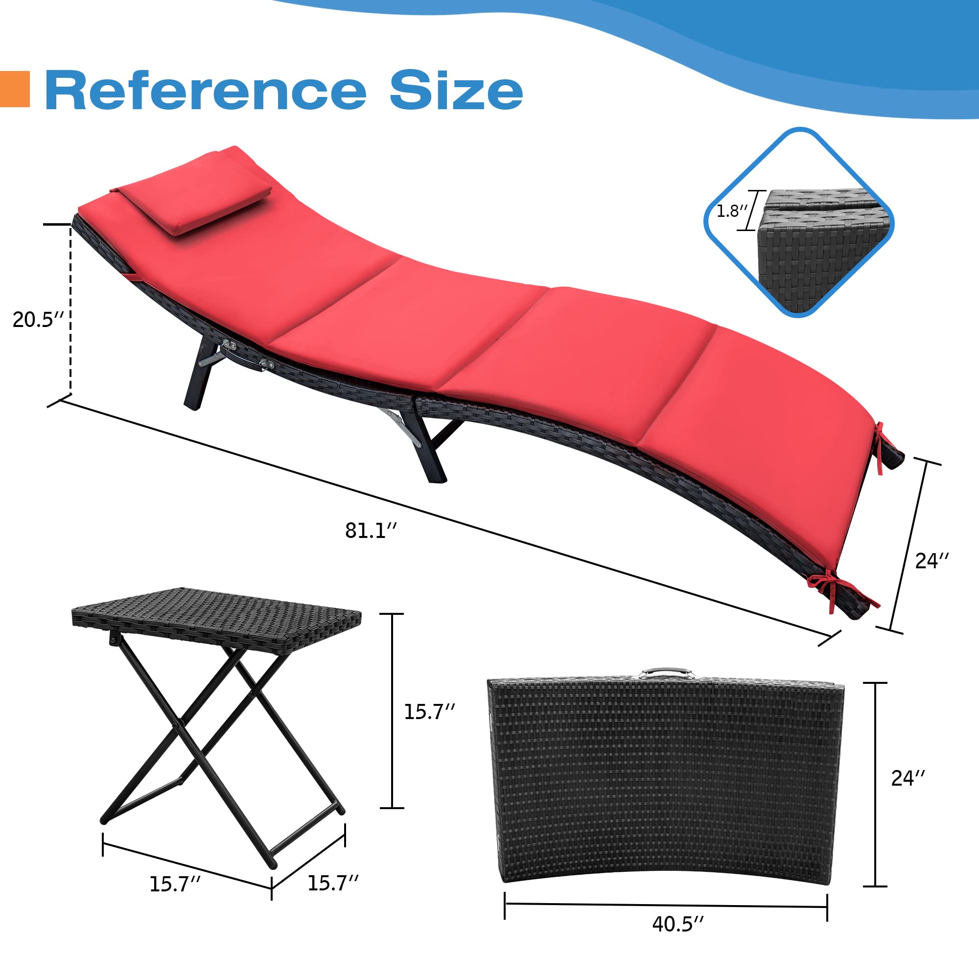 Homall 3-Piece Patio Chaise Lounge Chair Set - Outdoor PE Rattan Reclining Chairs with Folding Table & Cushions for Poolside, Beach & Backyard Relaxation (Red)