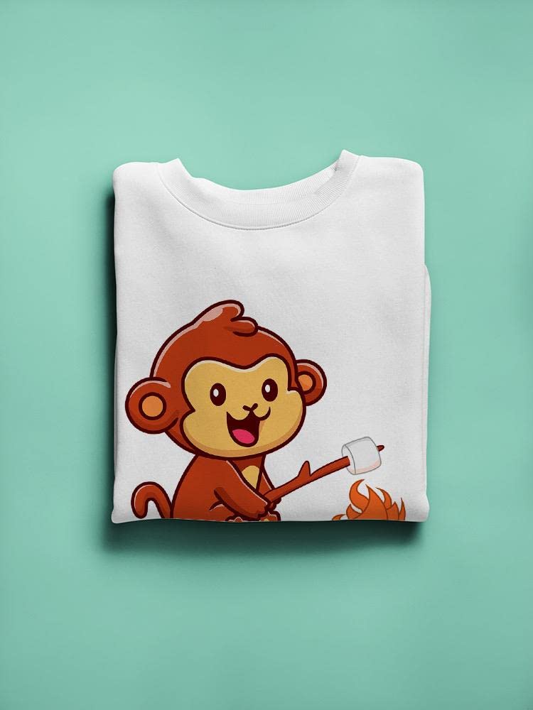 Smartprints Monkey Roasting Marshmallows Graphic Sweatshirt for Women | Cute & Cozy Pullover | Perfect for Camping, Bonfires & Casual Outfits