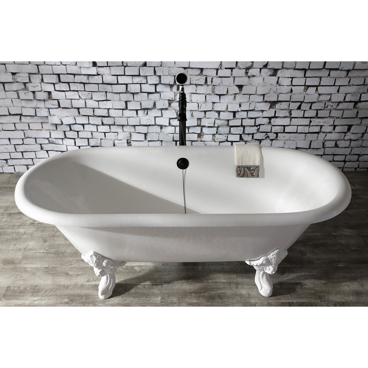 72 Inch White Cast Iron Clawfoot Tub - Aqua Eden VCTDE7232NLW Oval Double Ended Freestanding Bathtub (No Faucet Holes) for Vintage Bathroom & Spa Relaxation