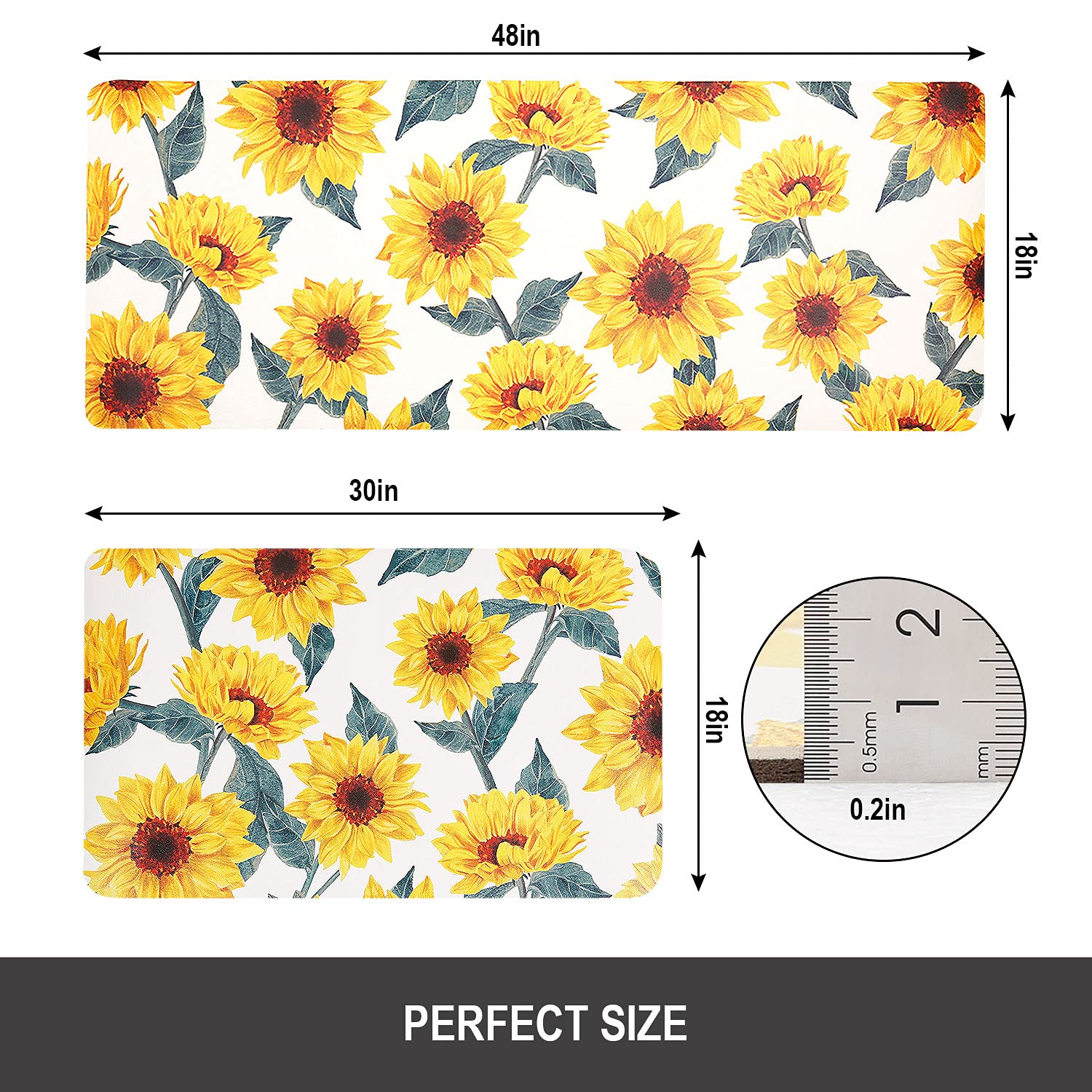 Sunflower Kitchen Rugs Set of 2 - Non Slip PVC Floor Mats for Comfortable Standing in Kitchen & Entryway Decor
