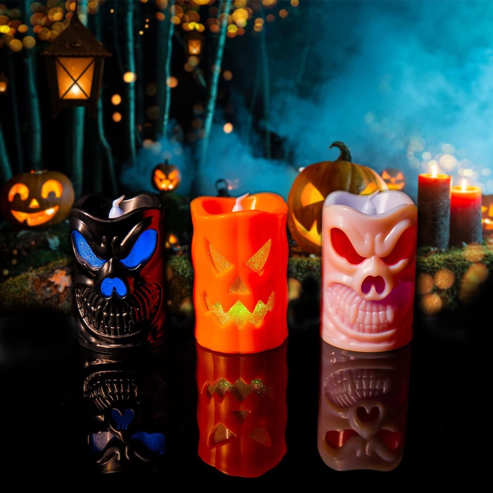 Halloween Flameless LED Candles - Battery Operated RGB Color Changing Candles with Realistic Flickering Effect, Pumpkin Skull Ghost Design for Halloween Decorations (Set of 3) - Perfect for Party Centerpieces, Spooky Home Decor & Haunted House Props