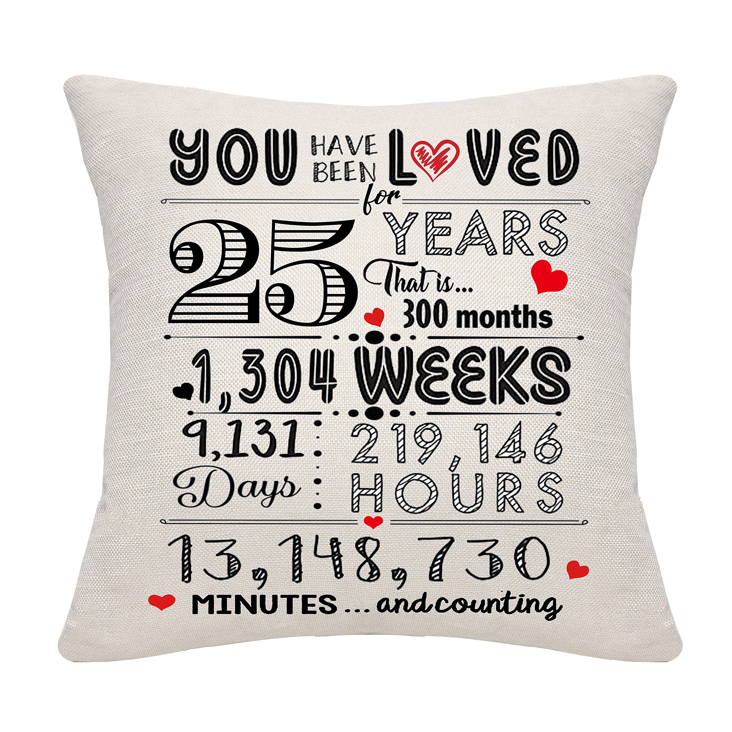**25th Birthday Gifts for Women & Men - Loved for 25 Years Throw Pillow Cover - Unique Cushion Case for Anniversary, Family & Friends - Perfect for Home Decor, Bedroom & Living Room**