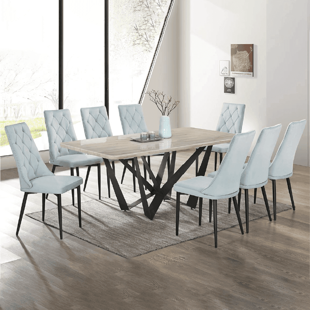 Marcelle Marble Dining Table Set with 8 Chairs - Modern White Marble Top & Metal Base for Kitchen, Dining Room, and Outdoor Entertaining