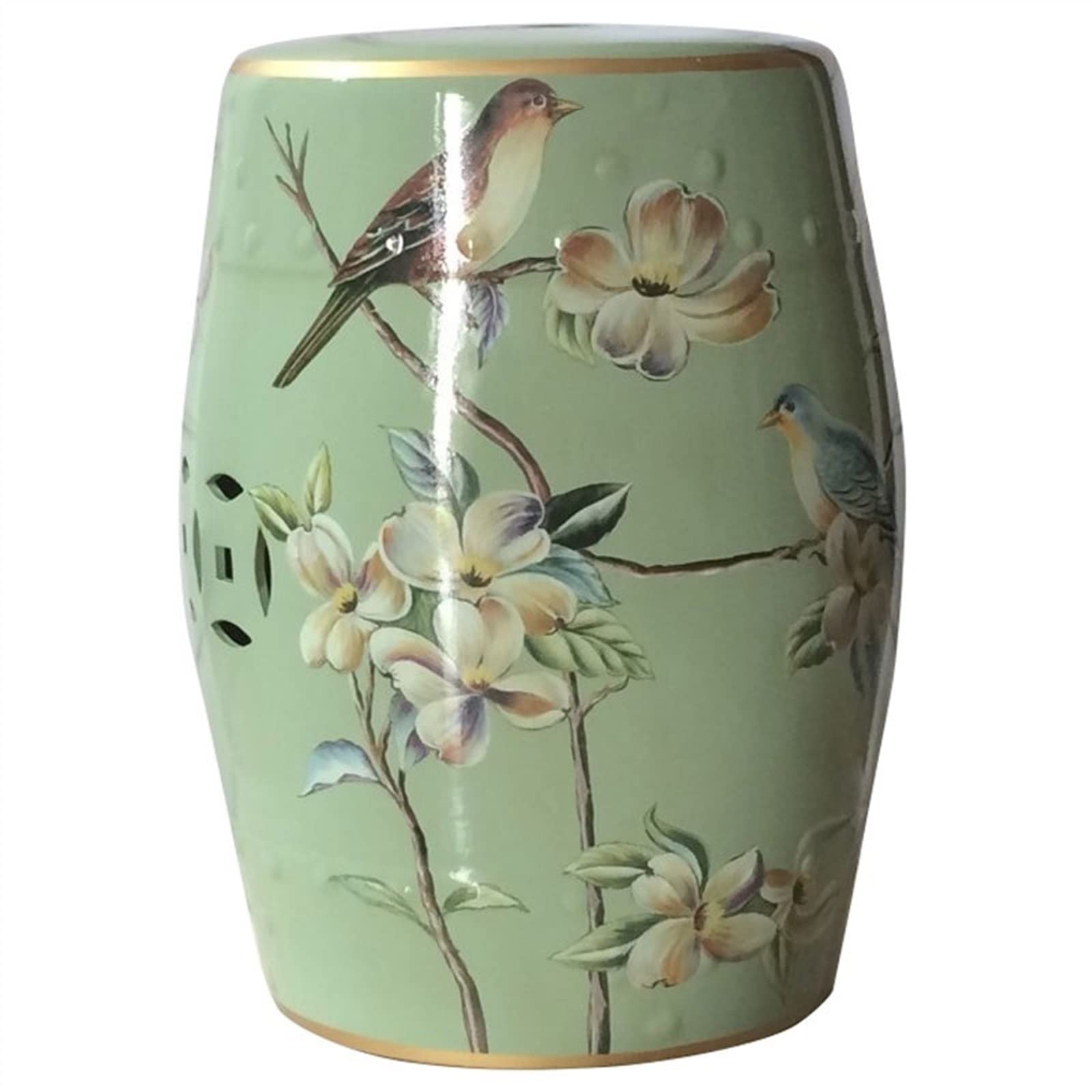 Decorative Ceramic Garden Stool - Glazed Hollow Flower & Bird Design - Outdoor & Indoor Use for Living Room, Balcony, Garden - Blue-Green Color - Perfect for Patio Decor, Home Accent & Garden Seating