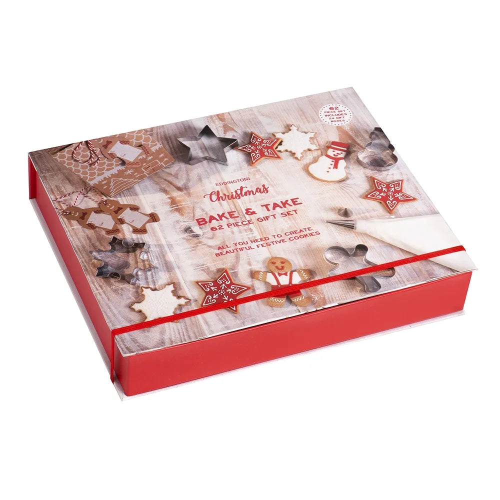 Christmas Bake & Take 62-Piece Gift Box Set - Holiday Baking Kit with Cookie Cutters & Decorations for Festive Cookie Making & Gifting