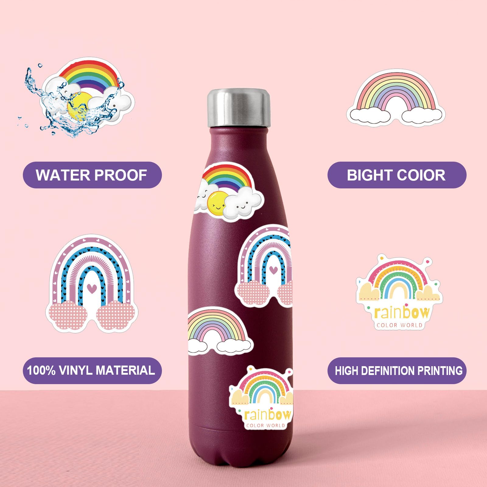 60 Pcs Rainbow Stickers - Colorful Waterproof Vinyl Decals for Water Bottles, Laptop, Luggage, Skateboard & Scrapbooking | Boho Aesthetic Stickers for Kids, Tablet, Cup & Notebook | Perfect for DIY Crafts, School Supplies & Personalizing Belongings
