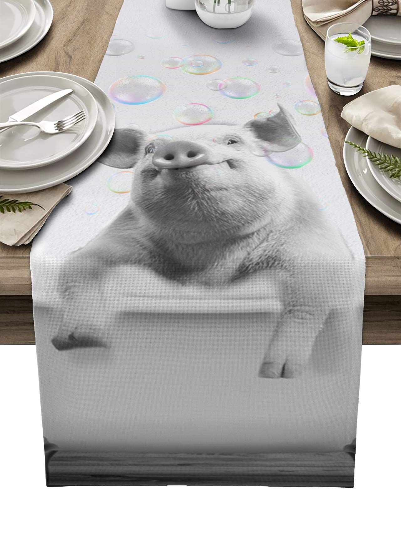 Funny Pig with Bubbles Cotton Linen Table Runner - 70 Inch Farmhouse Table Decor for Bathtub, Dresser, and Dining Table | Perfect for Home Gatherings and Rustic Decor
