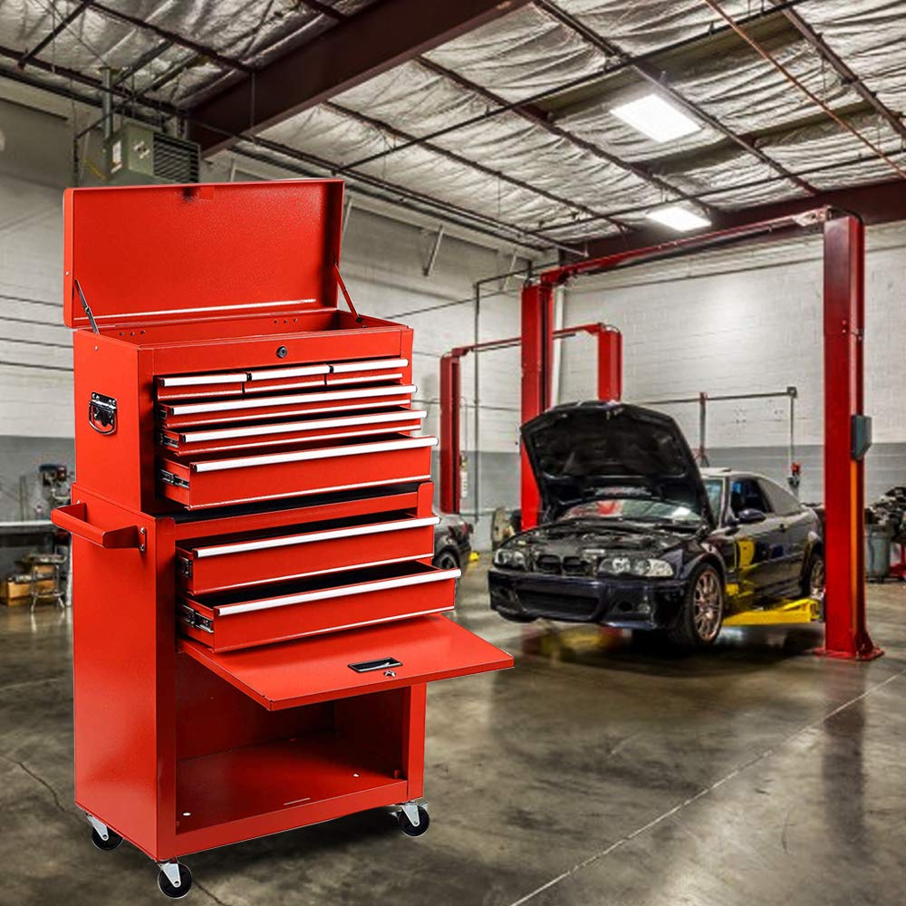Heavy Duty Large Capacity Rolling Tool Chest with 8 Sliding Drawers - Removable & Lockable Tool Storage Cabinet Organizer for Garage, Workshop & DIY Projects - Red Toolbox for Professional Mechanics & Home Improvement