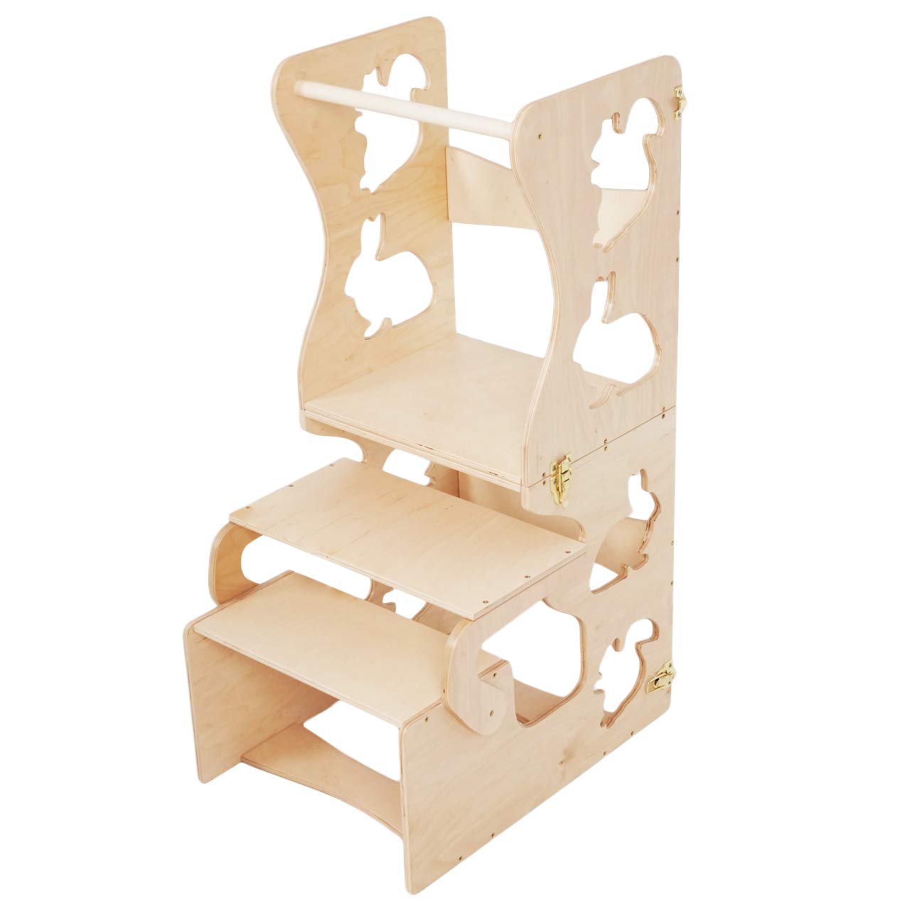 Wooden Toddler Step Stool with Back Support - Kids Kitchen Helper Learning Tower - Montessori Furniture for Children - Animal-Themed Stool for Safe Standing & Cooking Activities