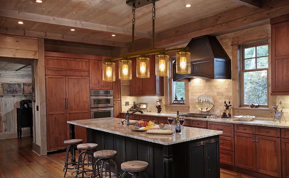 Farmhouse 5-Light Kitchen Island Chandelier - Rustic Wood Frame & Black Metal Finish with Clear Glass Shades - Adjustable Pendant Lighting for Dining Table, Kitchen Island - Perfect for Farmhouse, Rustic & Industrial Style Home Decor