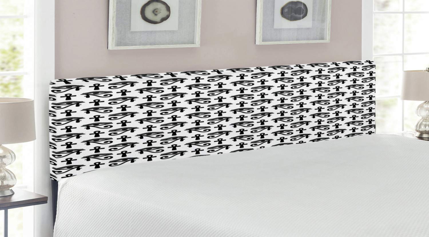 Ambesonne Egyptian Print Headboard - Vintage Hieroglyphic & Eye Motif Upholstered Metal Bed Frame with Memory Foam | King Size Black & White | Perfect for Bedroom Decor, Themed Rooms & Luxurious Hotel Style