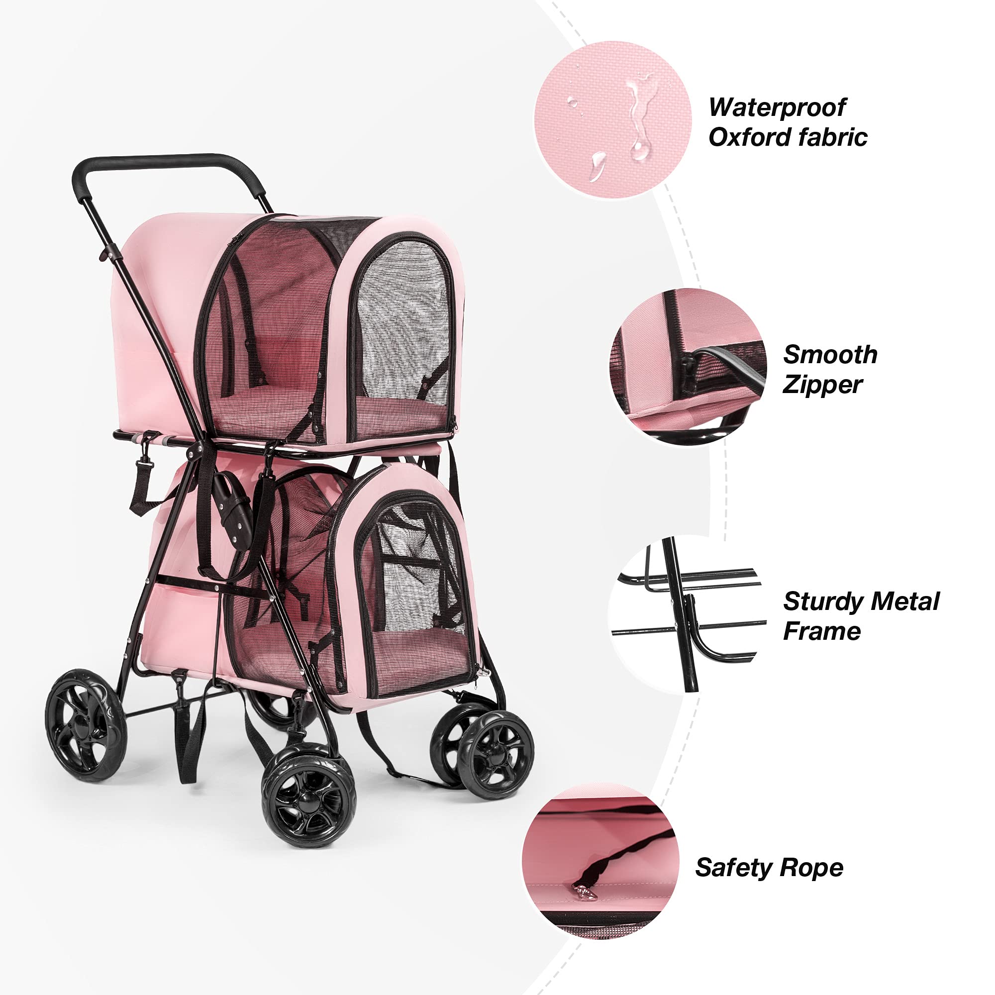 3-in-1 Double Pet Stroller - Foldable Dog & Cat Carrier for 2 Small Pets, Travel Cart for Puppies & Kittens (Pink) - Perfect for Park Walks, Vet Visits & Outdoor Adventures