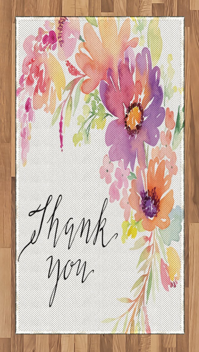 Floral Watercolor Bouquet Area Rug - Cornflowers & Peonies Wedding Wreath Print - Non-Slip Flat Woven Accent Rug for Living Room, Bedroom, Dining Room - 2'6