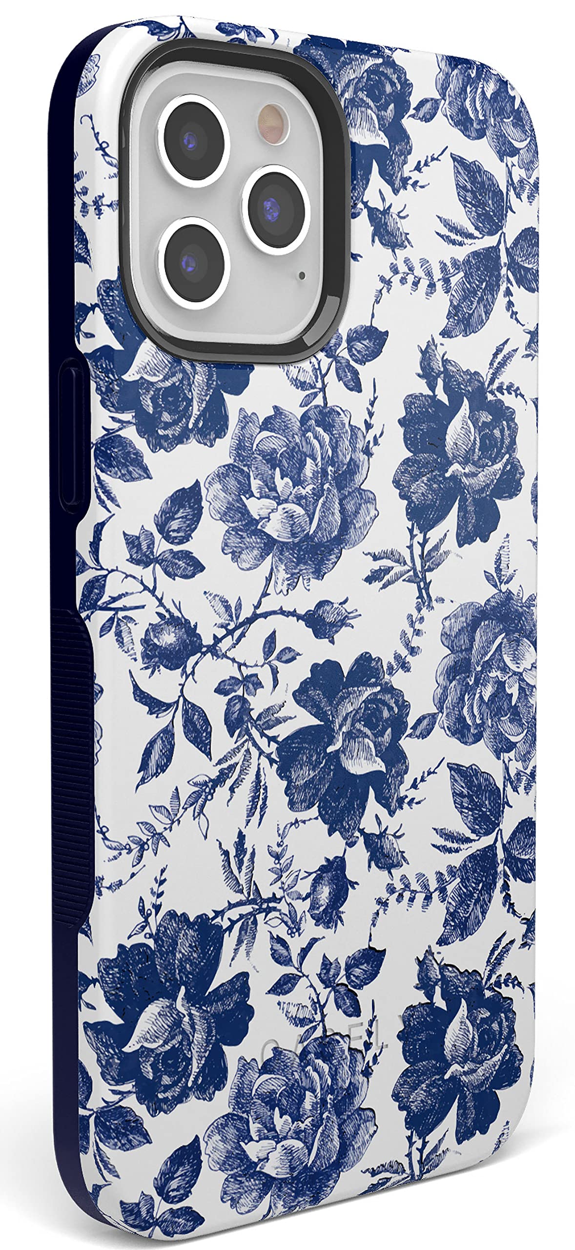 Casely iPhone 12/12 Pro Case - Rose Floral Design with Blue & White Flowers | MagSafe Compatible Protective Cover | Perfect for Everyday Use, Travel & Gift Giving