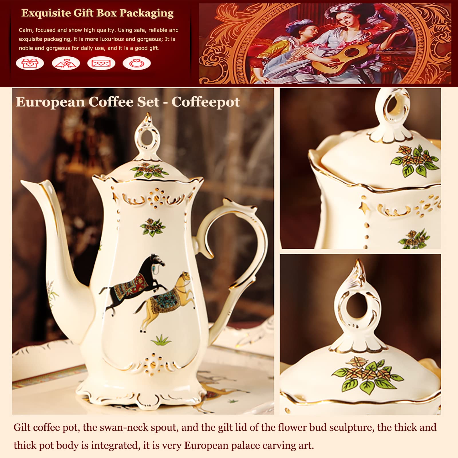 British Royal War Horse Tea Set - 8-Piece Porcelain Coffee & Tea Service with Teapot, Saucers, Sugar Bowl, Milk Jug & Teaspoons in Gift Box | Elegant Peony Design China Ceramic | Perfect for Afternoon Tea, Bridal Showers & Royal-Themed Parties