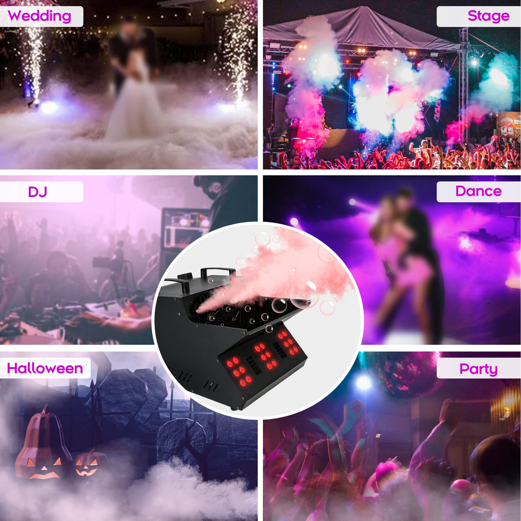 TC-Home 3-in-1 Stage Fog Bubble Machine with 18 RGB LED Lights & DMX Control - Professional Fogger Effect with Dual Bubble Fans for DJ Parties, Concerts, and Stage Performances