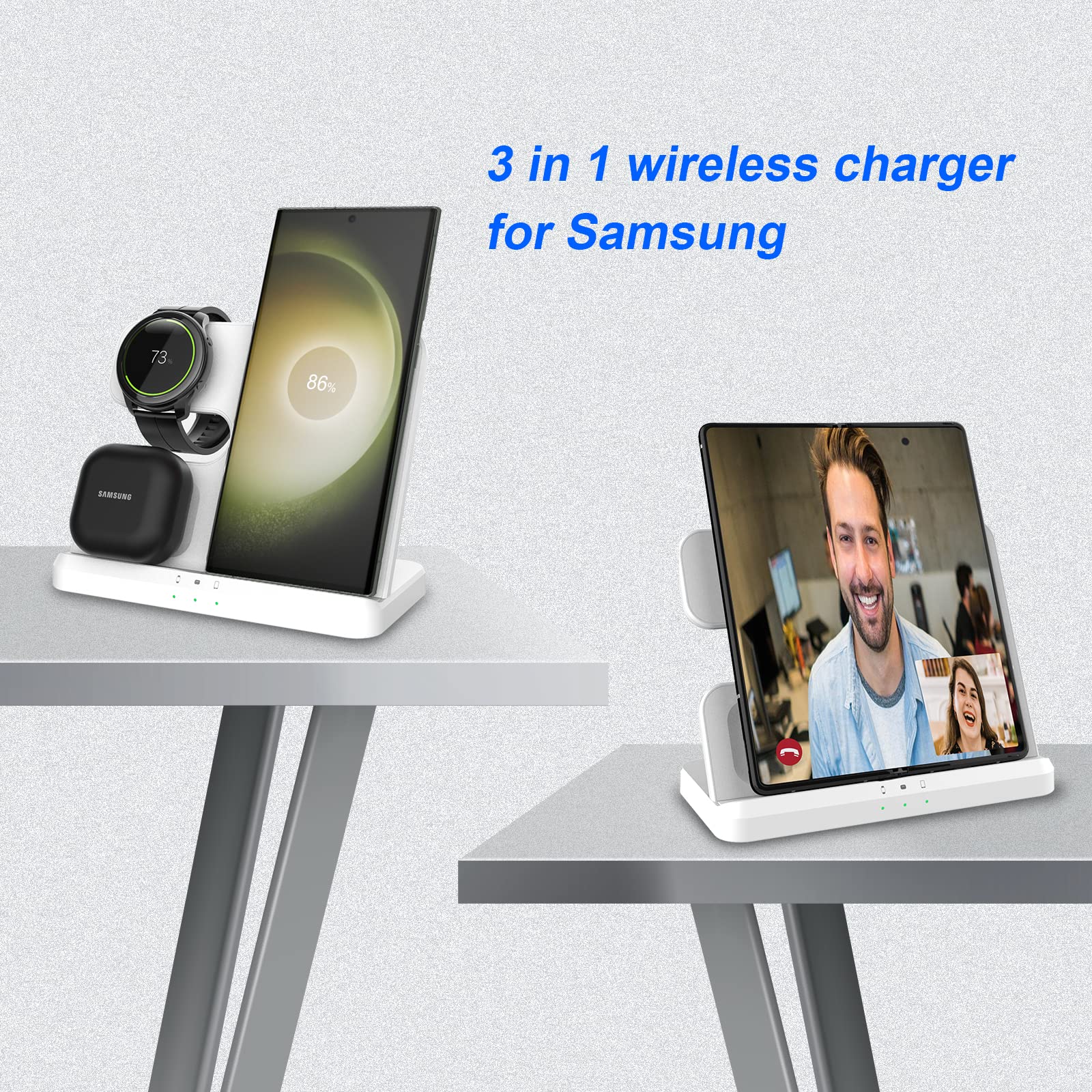 3-in-1 Fast Wireless Charger for Samsung Galaxy S24 Ultra/S24+/S23 Ultra/S22 Ultra/Z Fold 4/Flip 4 & Watch 5/5 Pro/4 & Buds - White | Multi-Device Charging Station for Home, Office & Travel