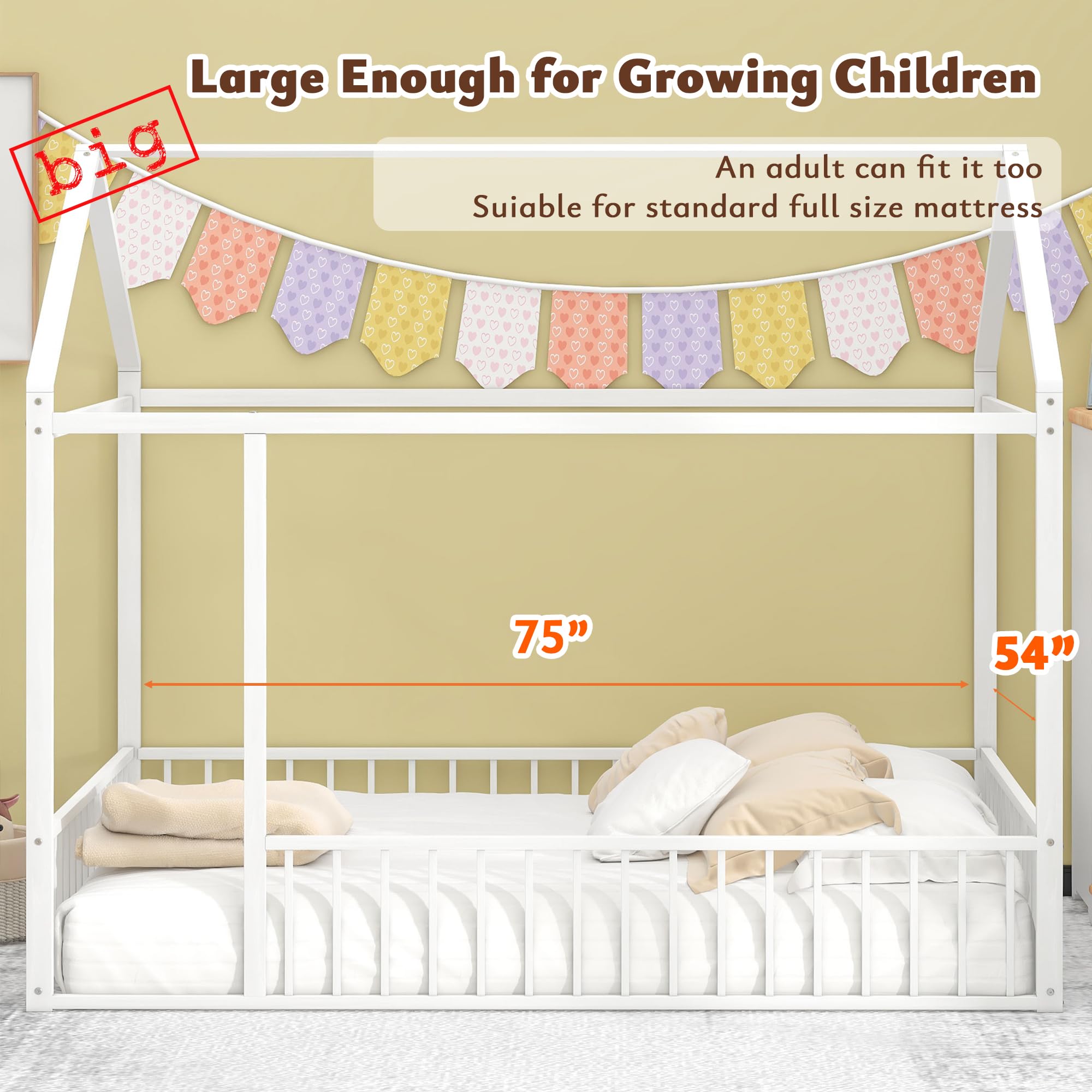 Montessori Floor Bed for Kids - Full Size White Metal House Bed Frame with Safety Fence | Playhouse Style Toddler Bed for Daytime Play & Nighttime Sleep | Perfect for Montessori Bedrooms & Playrooms