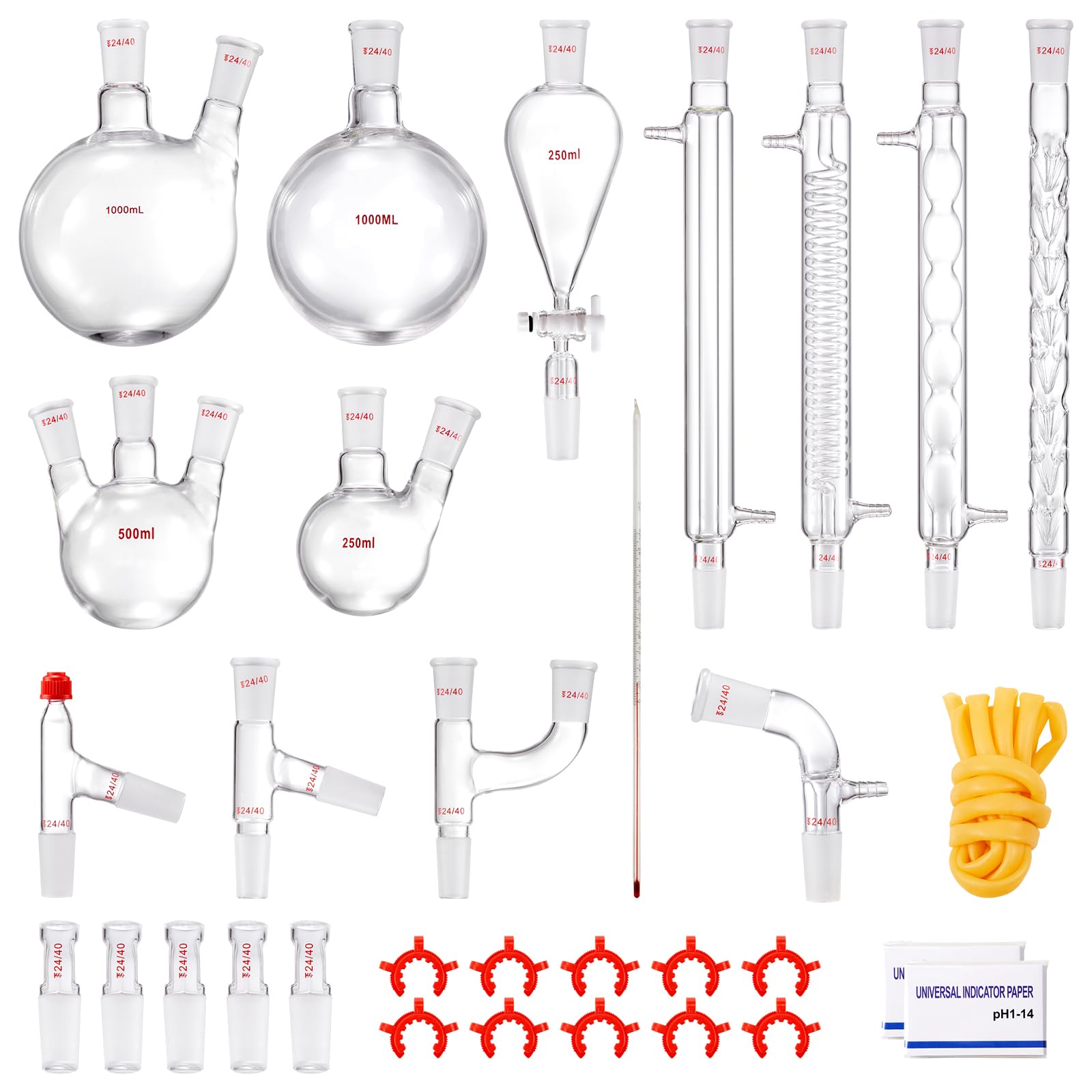 VEVOR 3.3 Boro Lab Glass Distillation Kit - 1000ml Essential Oil Extraction Apparatus with 24/40 Joints, 32-Piece Chemistry Glassware Set for Home DIY, Aromatherapy & Herbal Distillation