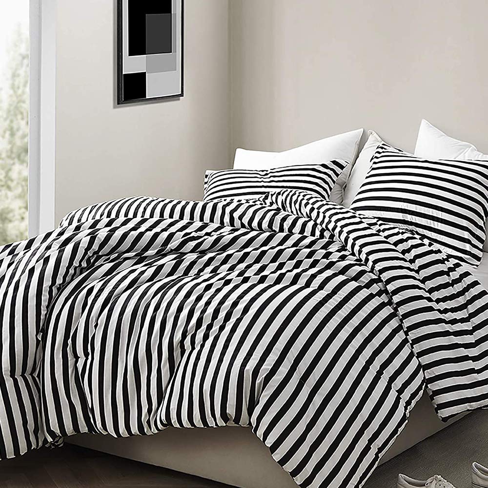 CLOTHKNOW Queen Size Comforter Set 3-Piece - Farmhouse Style Black & White Striped Bedding with Ticking Design | Perfect for Master Bedrooms, Guest Rooms & Cozy Farmhouse Decor