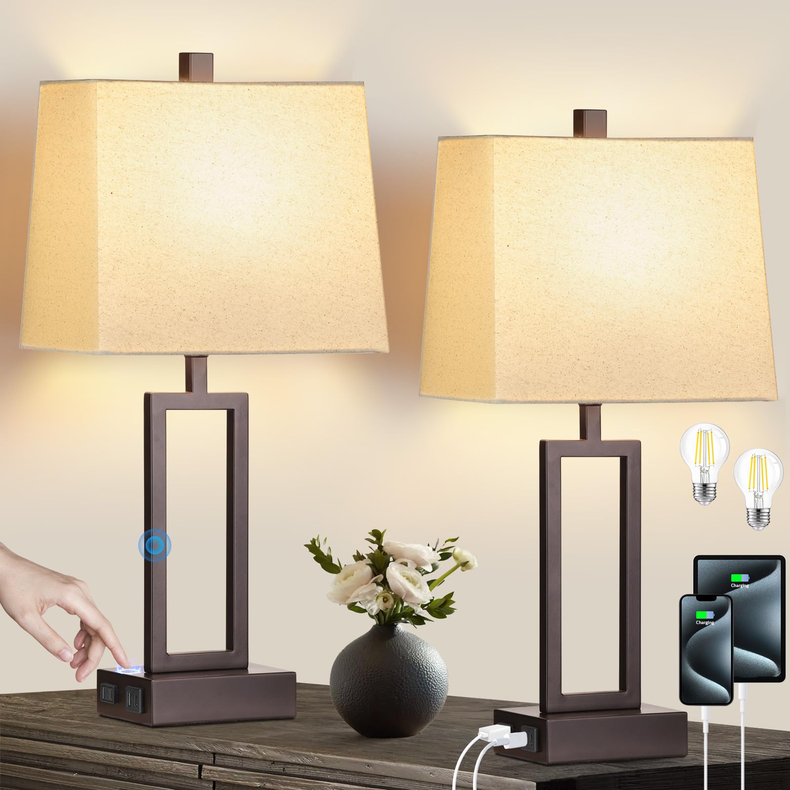Modern Touch Control Table Lamps Set of 2 - Brown USB A+C Charging Bedside Lamps with AC Outlet & 3-Way Dimmable LED Lighting - Perfect for Bedroom Nightstands & Living Room End Tables (LED Bulbs Included) | Ideal for Reading, Working & Creating Cozy Ambiance
