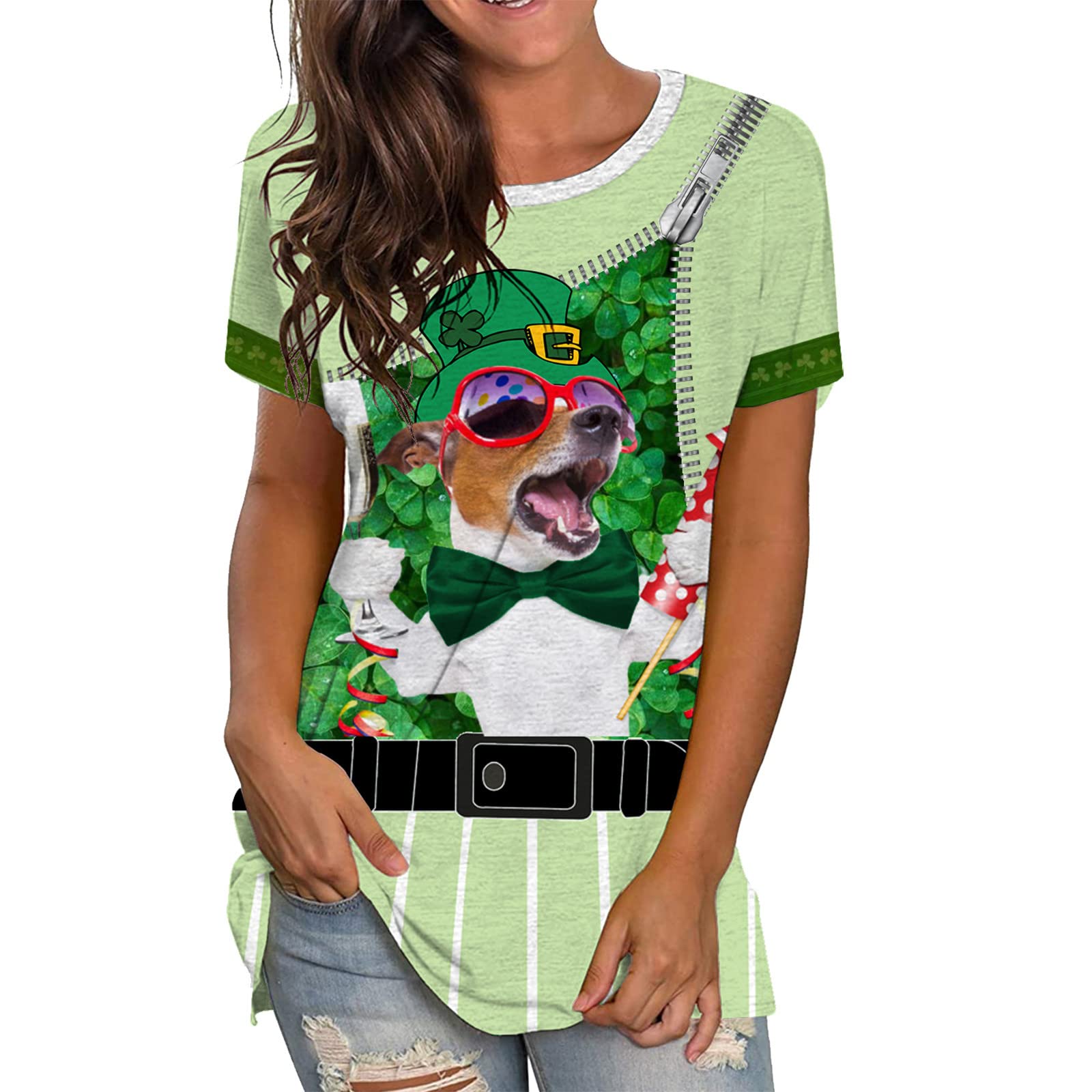 St. Patrick's Day Women's Shamrock Lucky Printed Round Neck Short Sleeve T-Shirt - Thick White Blouse Top for Irish Celebration & Casual Wear