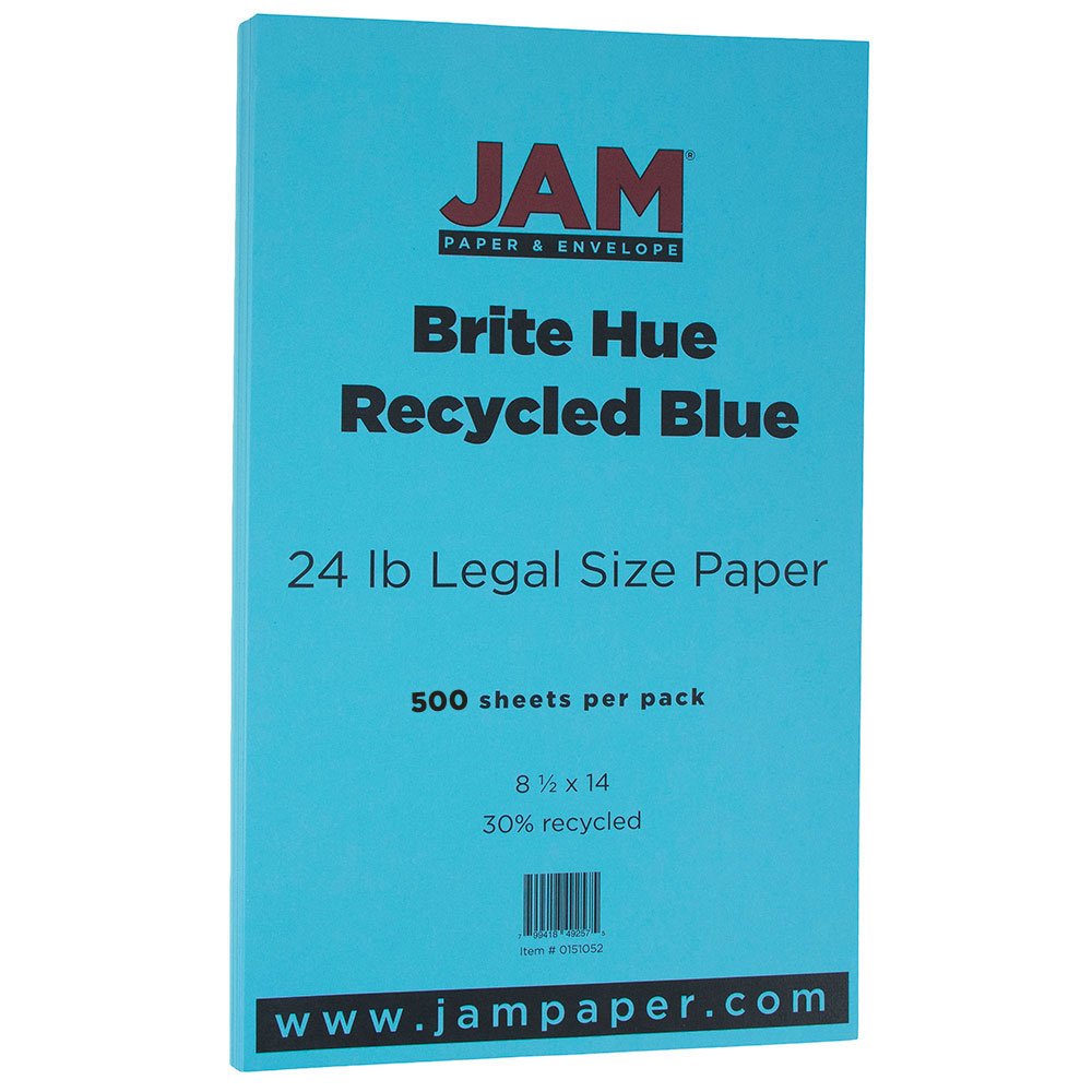 JAM PAPER Legal Size Colored Paper - 24lb (90 gsm) - 8.5 x 14 Inches - Blue Recycled - 500 Sheets per Ream - Perfect for Office Documents, Legal Forms, and Eco-Friendly Printing