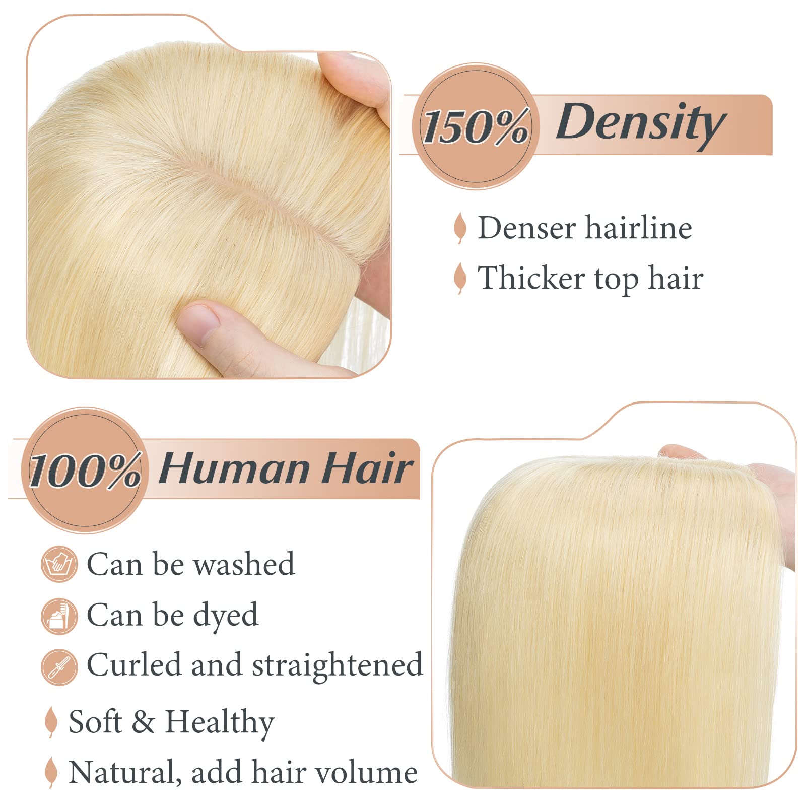 Clip in Human Hair Toppers 6 Inch Straight - Natural Hair Extensions for Thinning Hair & Hair Loss - Ash Blonde #613 - Perfect for Daily Wear, Styling & Covering Gray Hair