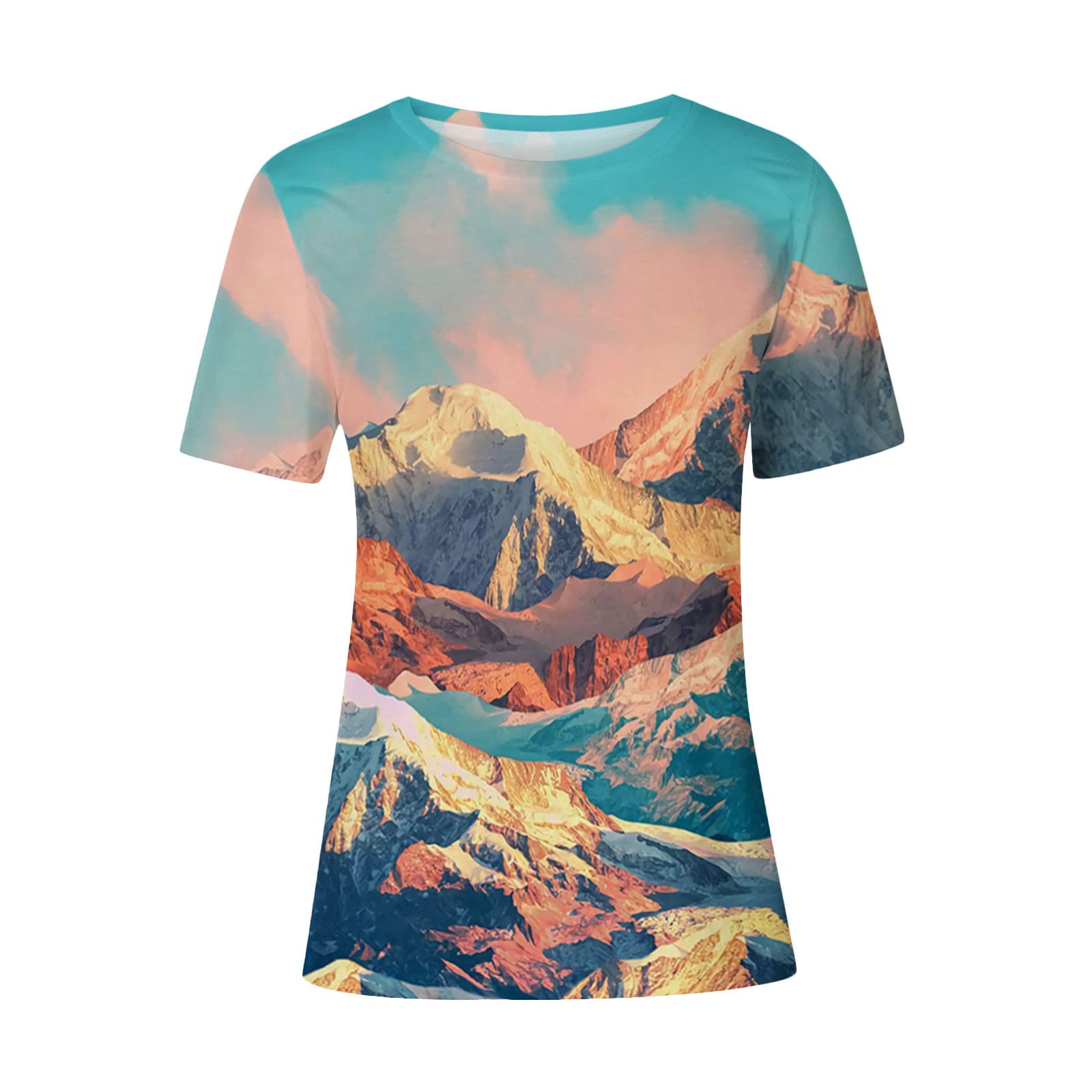 Women's Casual Round Neck Printed Short Sleeve T-Shirt - Mountain Graphic Summer Blouse | Perfect for Outdoor Adventures, Beach Trips & Everyday Wear