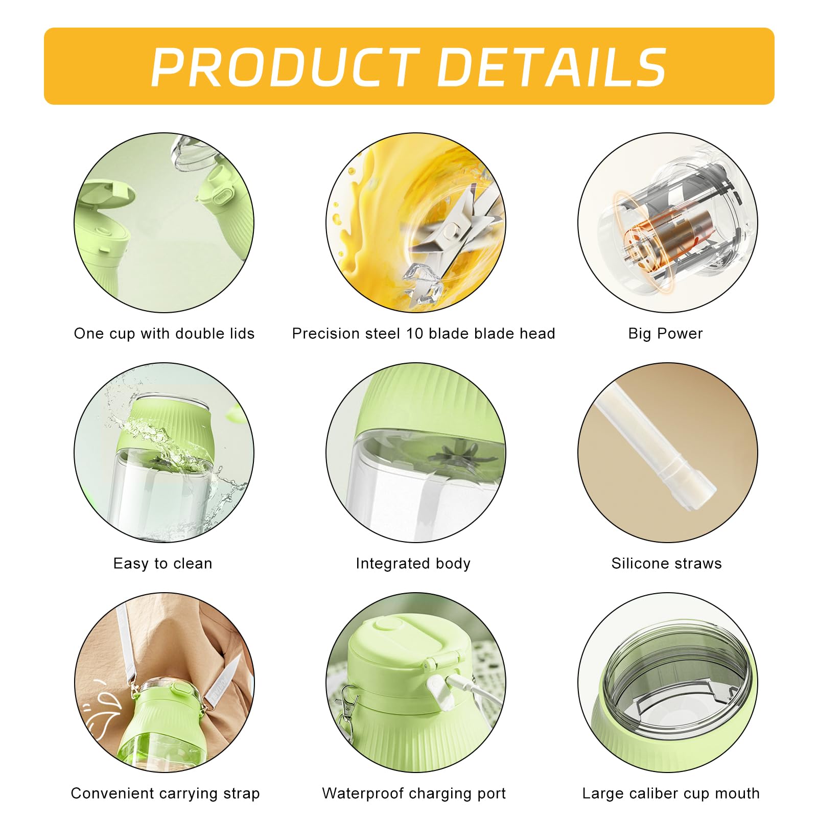 10-Blade Portable Rechargeable Juicer Cup - 500ml Large Capacity Travel Blender for Smoothies, Protein Shakes & Meal Prep - Grass Green - Perfect for Gym, Hiking, Camping & Office Use