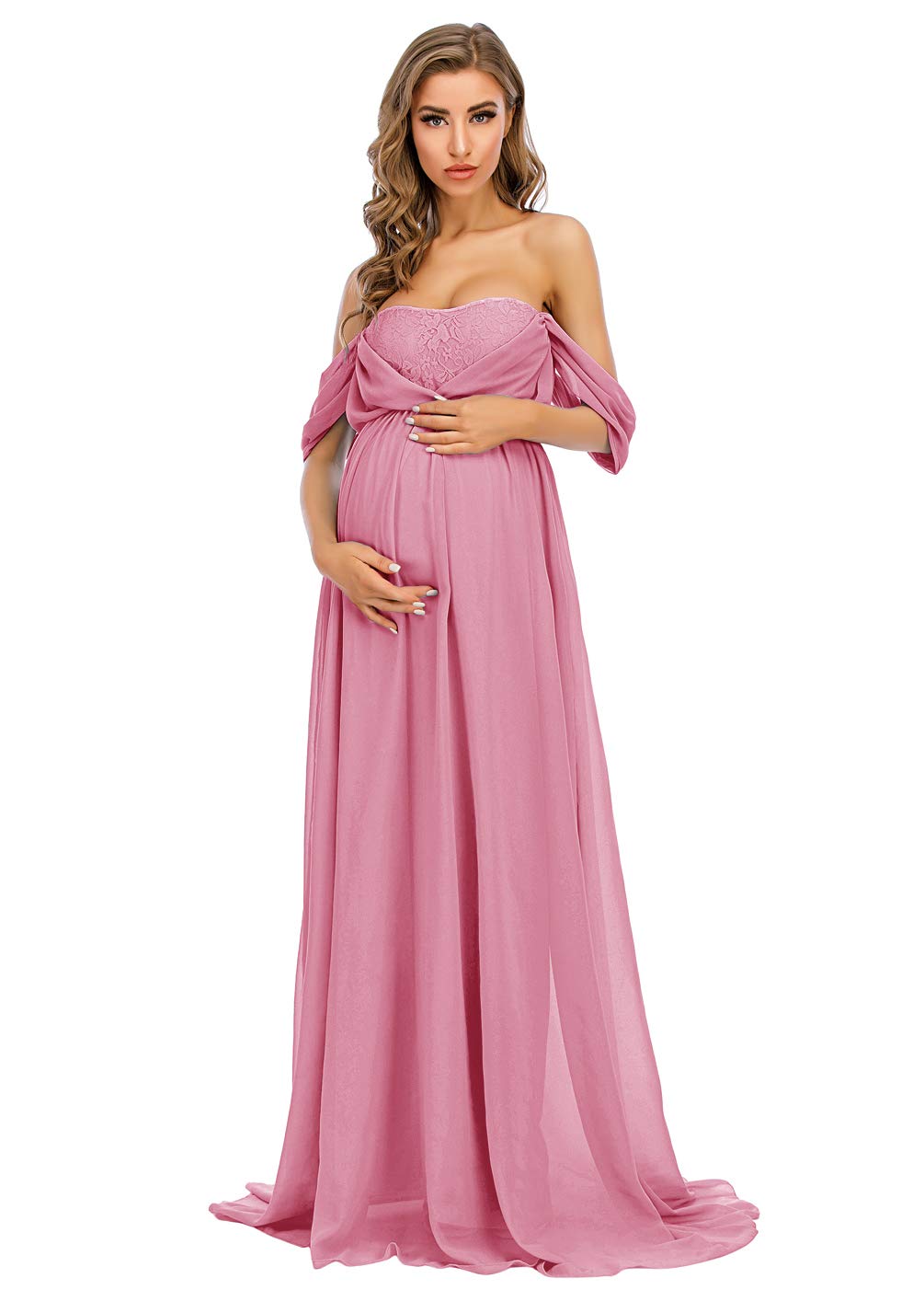 ZIUMUDY Women's Maternity Off Shoulder Chiffon Maxi Dress - Elegant Lace Gown for Baby Shower, Bridesmaid Party & Photo Shoot | Perfect for Pregnancy Photoshoots, Bridal Events & Special Occasions