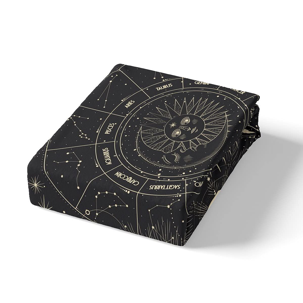 Bohemian Sun Moon Galaxy Queen Sheet Set - Starry Sky Constellation Fitted & Flat Sheets - Deep Pocket Cartoon Design in Golden Black - Exotic Style Bedroom Decor for Teens & Adults - Perfect for Boho Chic, Dorm Room or Guest Bedroom Decorations