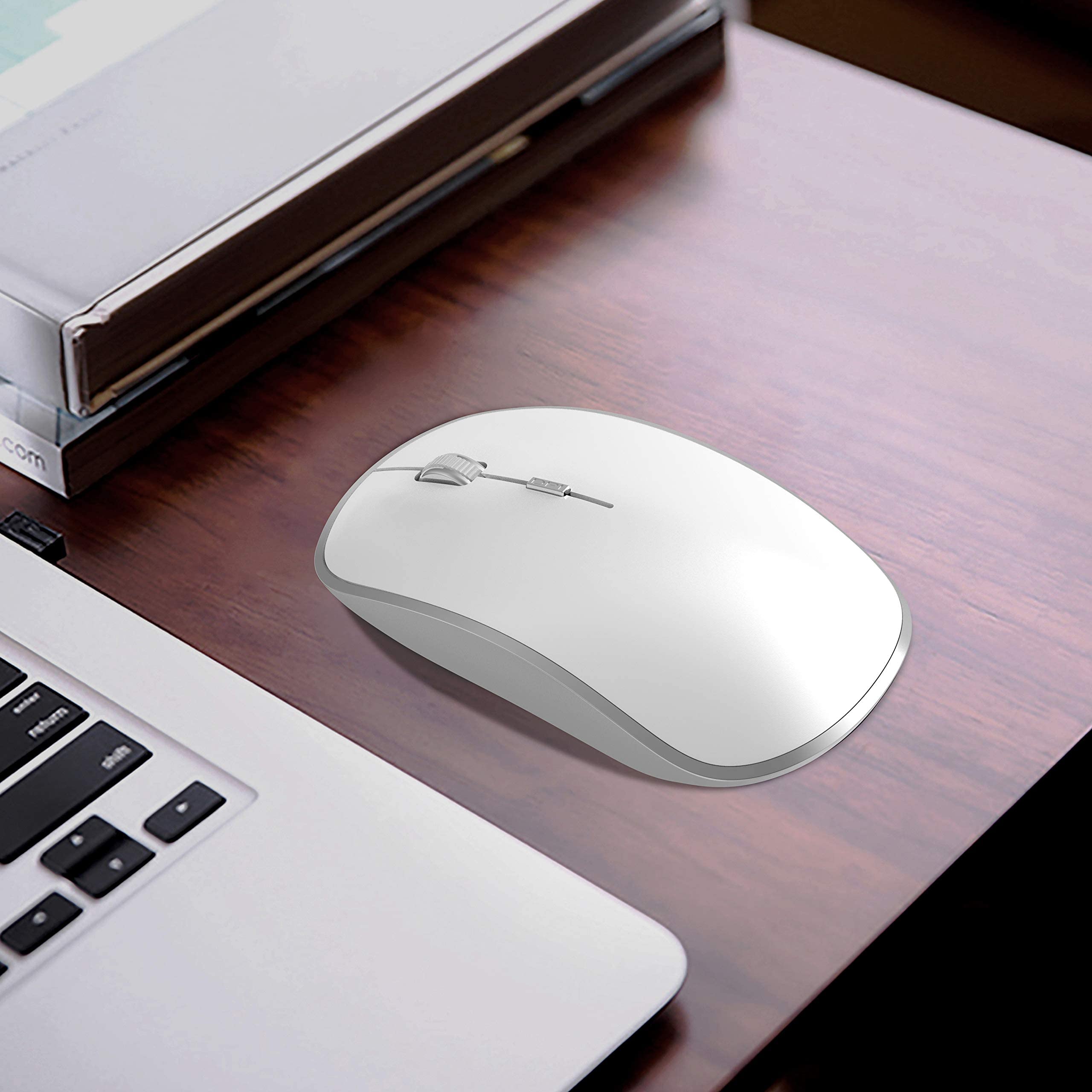 J JOYACCESS 2.4G Wireless Silent Mouse - Slim Portable USB Computer Mouse with 2400 DPI for Laptop, Notebook, MacBook, Chromebook, PC (White & Silver) - Perfect for Office Work, Home Use, and Travel
