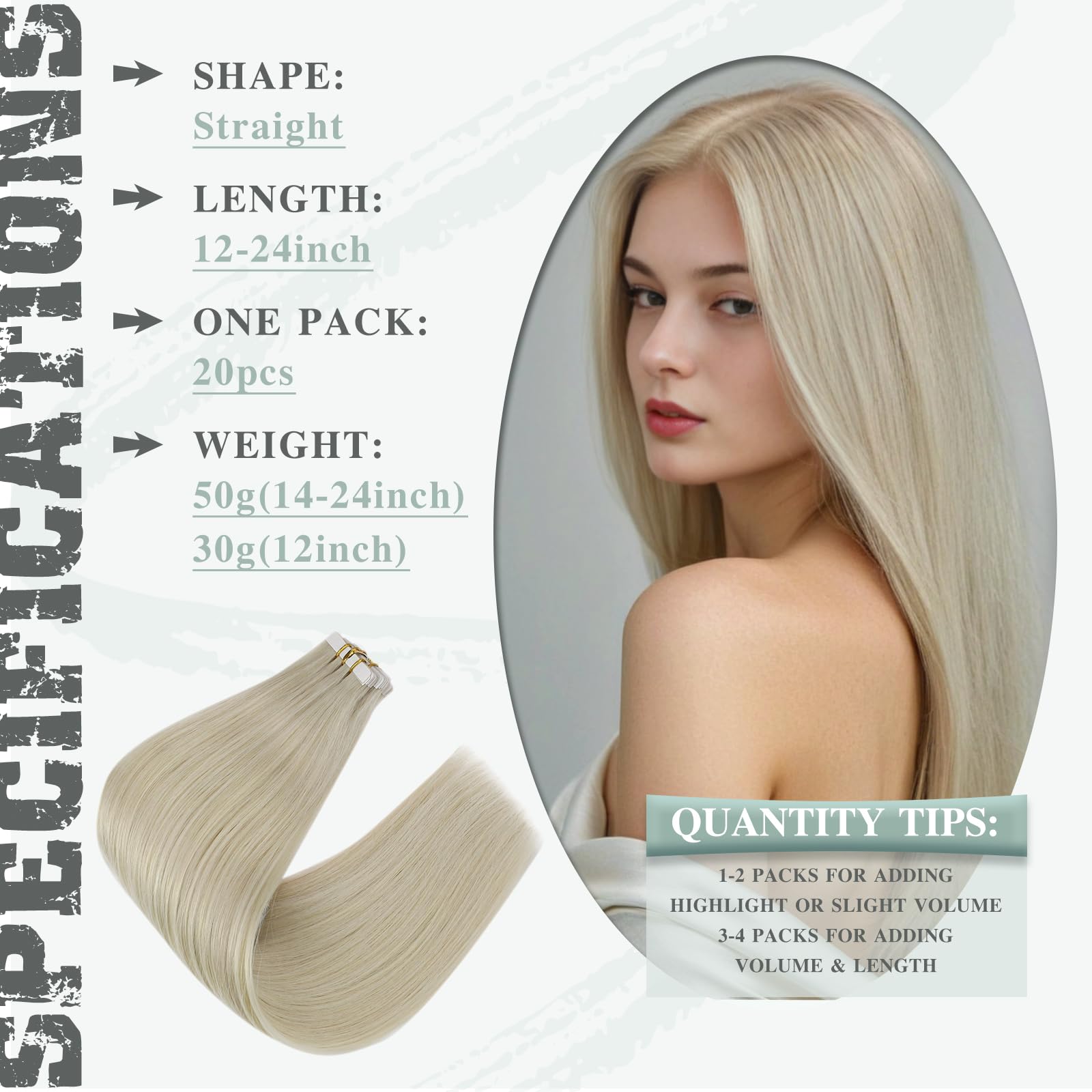 Ve Sunny 24 Inch Platinum Blonde Tape-in Hair Extensions - 20pcs 50g Real Human Hair, Invisible & Long Straight Extensions for Volume & Length - Perfect for Parties, Weddings & Daily Styling