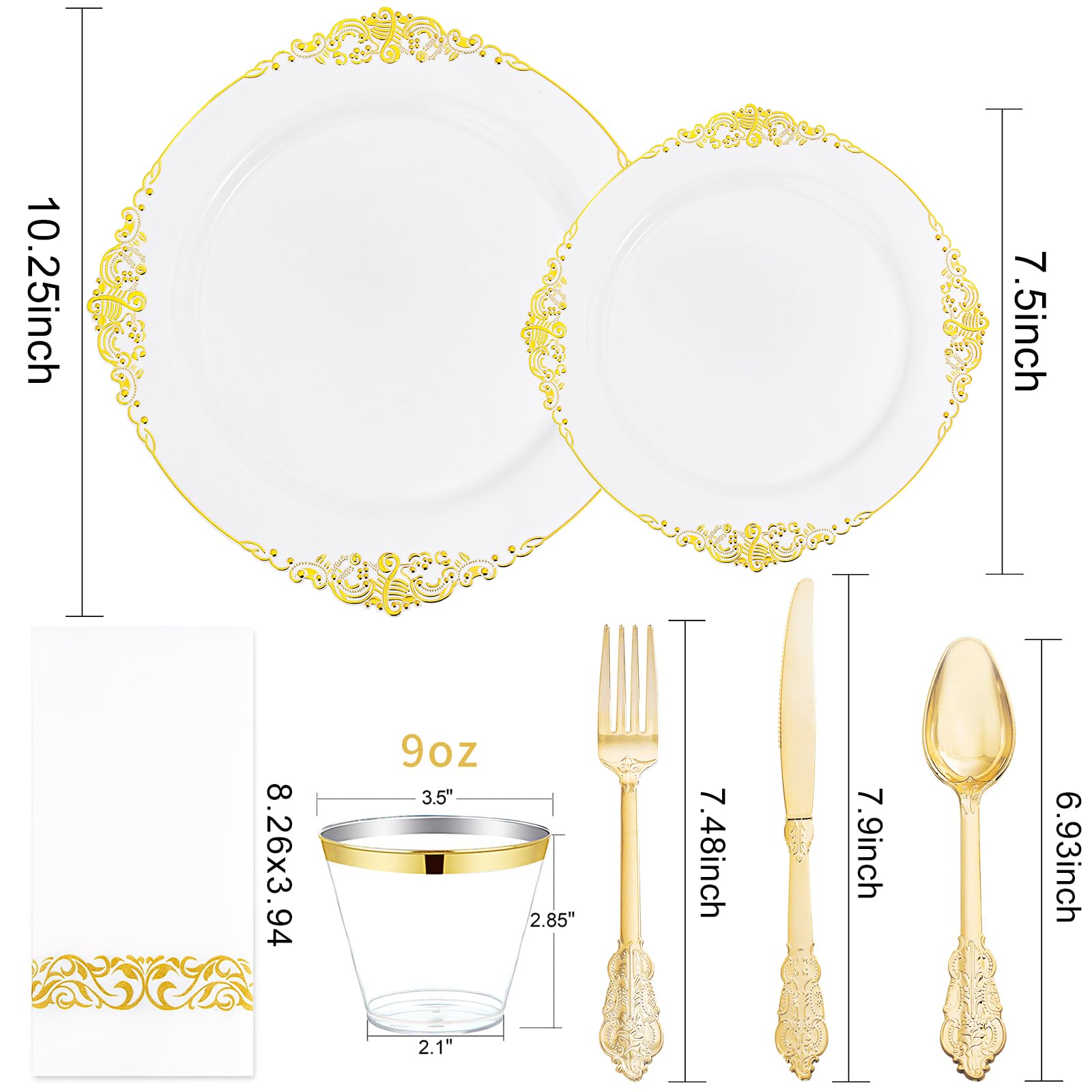 Hioasis 350-Piece White and Gold Disposable Plastic Dinnerware Set - 50 Dinner Plates, 50 Dessert Plates, 50 Forks, 50 Spoons, 50 Knives, 50 Cups & 50 Napkins - Elegant Party Supplies for Weddings, Birthdays & Events