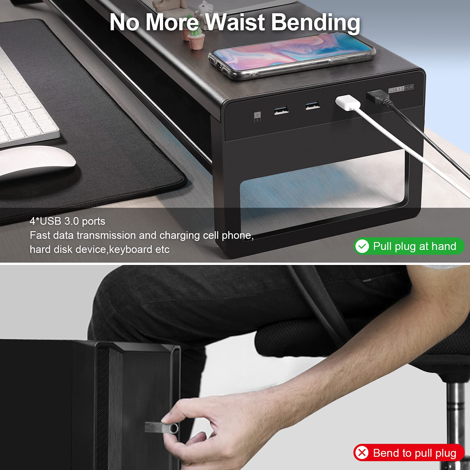 Vaydeer 2-Tier Dual Monitor Stand with USB 3.0 Ports - Heavy Duty Aluminum Monitor Riser for Computer, PC, Laptop, TV & Printer - Space Saving Black Metal Desk Organizer - Perfect for Home Office & Gaming Setup