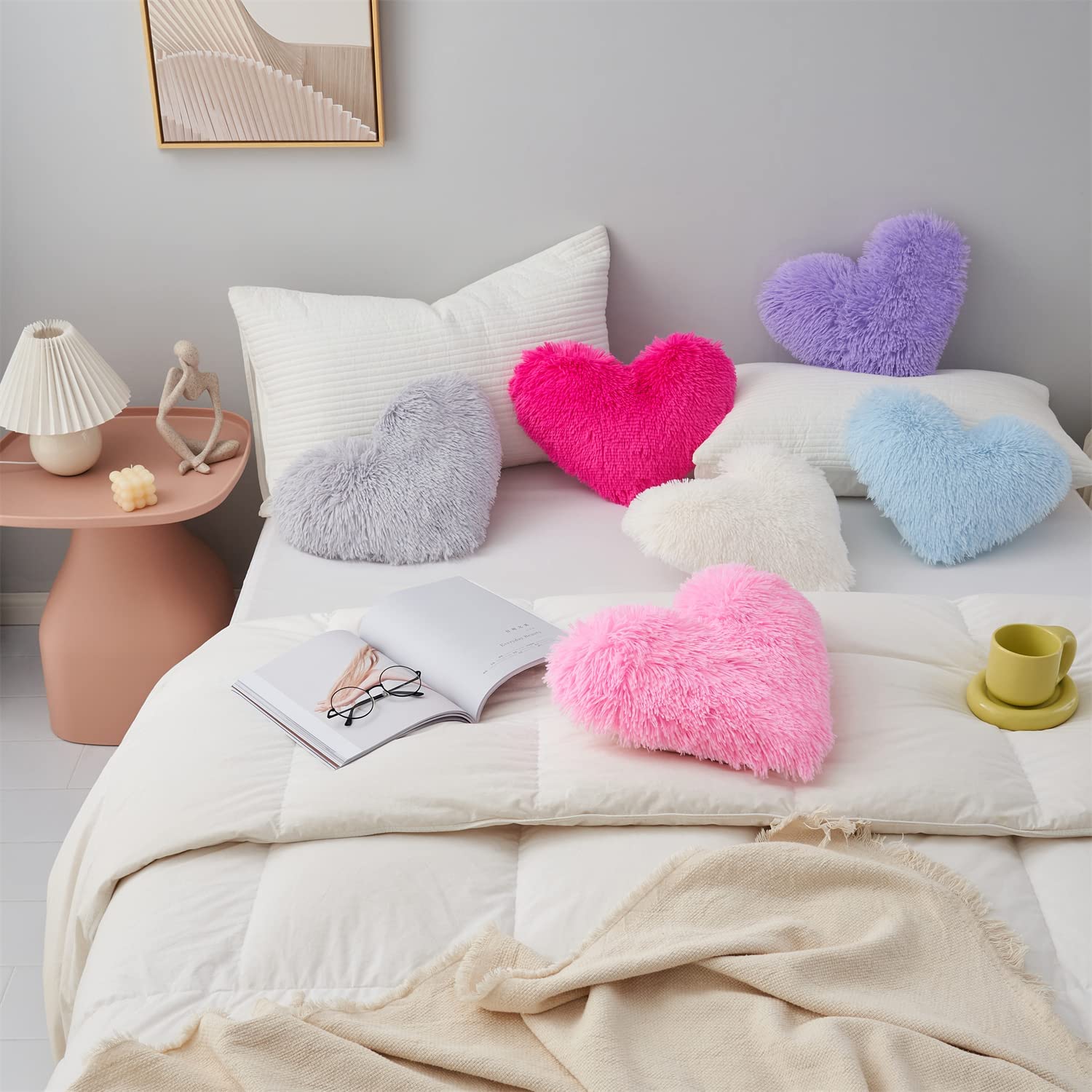 MOOWOO Fluffy Heart Pillow - Soft Plush Throw Pillow for Mother's Day Gifts, Solid Blue Decorative Couch & Sofa Pillow with Zipper Closure - Perfect for Home Decor, Bedroom Accent & Cozy Living Room Comfort