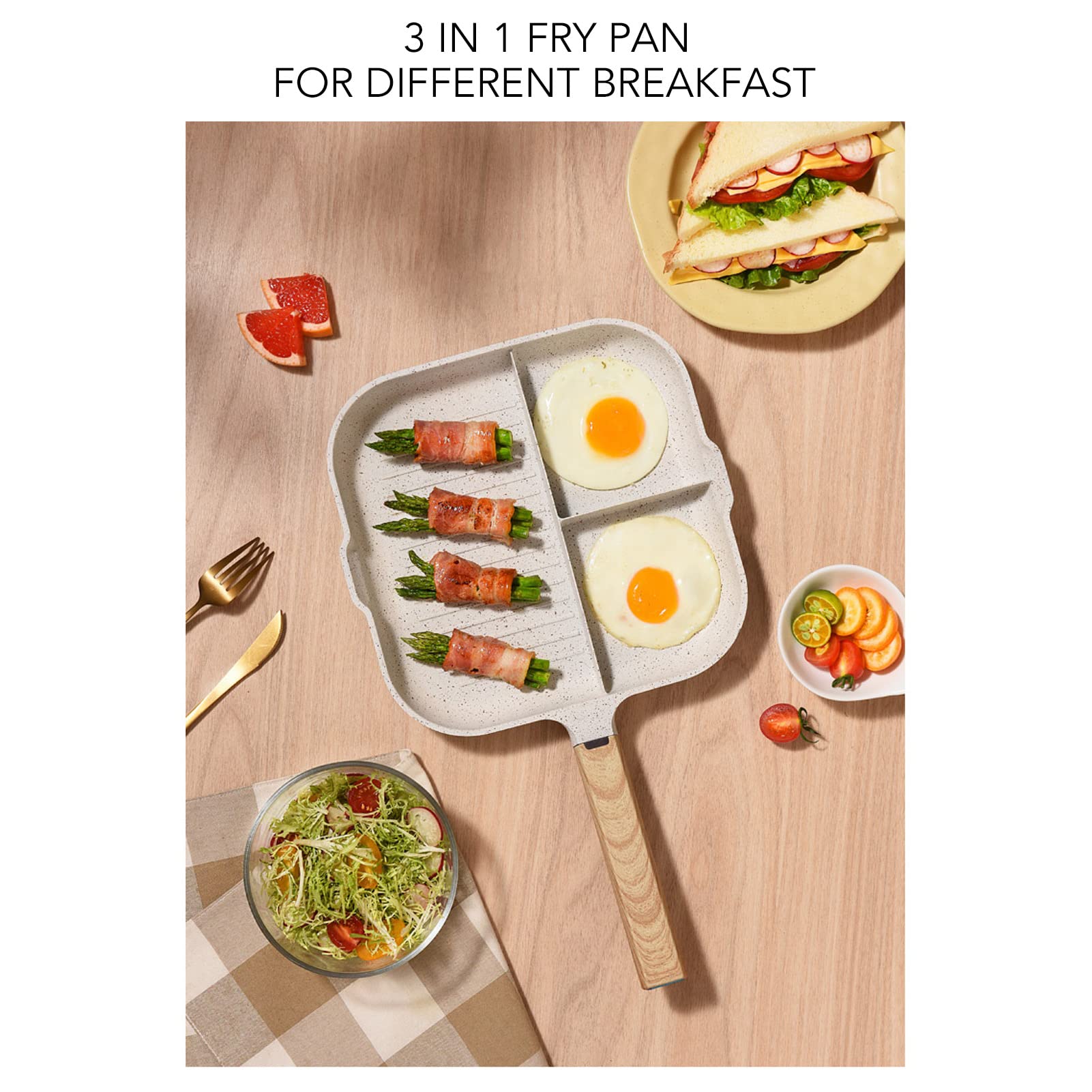 Nonstick 3-in-1 Divided Breakfast Pan - Egg, Bacon & Burger Skillet with 3 Compartments | Lightweight Multi-Functional Griddle for Perfect Pancakes, Omelets & Sandwiches | Ideal for Camping, RV Trips & Quick Breakfasts