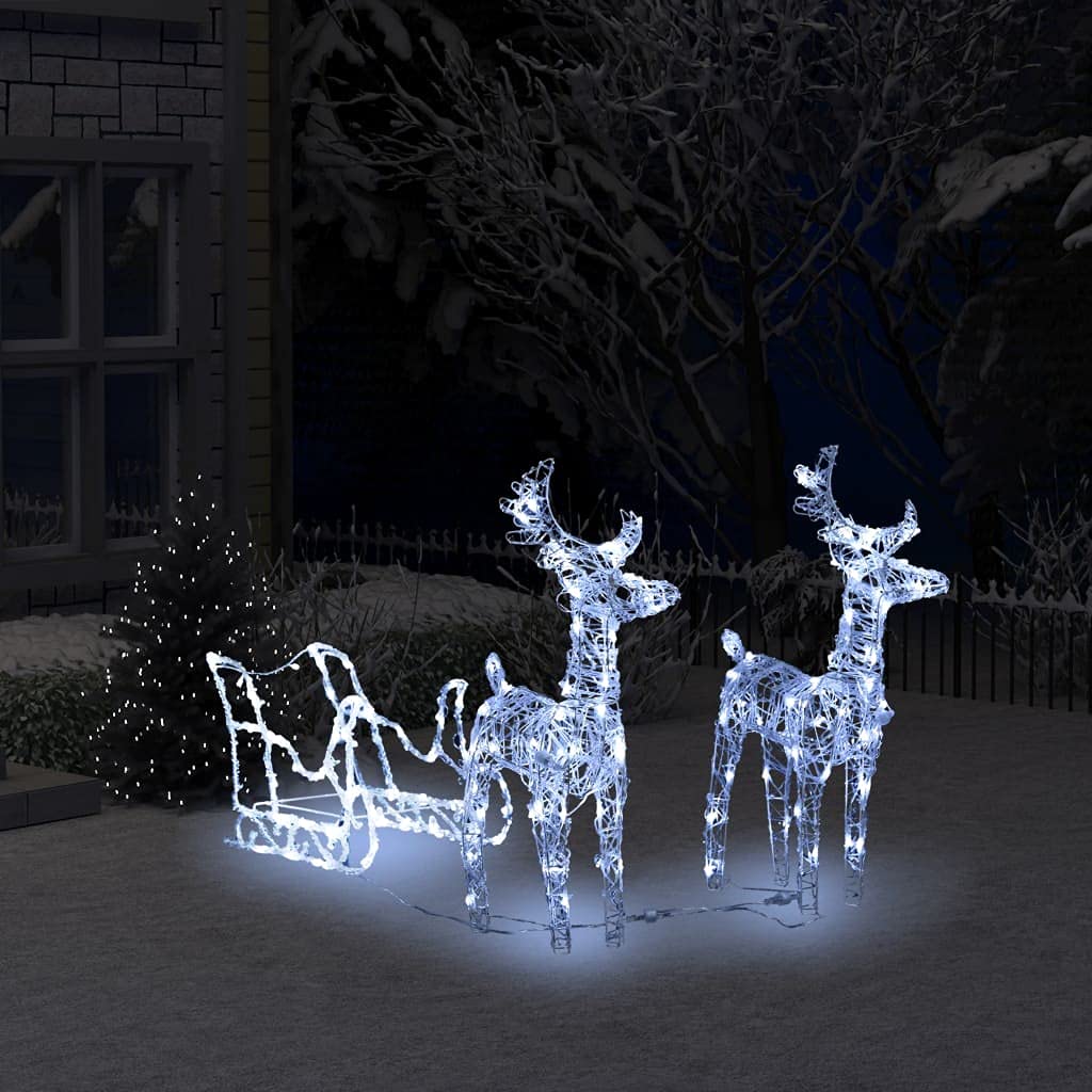 CHARMMA 2 Reindeers & Sleigh Christmas Decor with 160 LED Lights - Outdoor/Indoor Holiday Decoration for Garden, Yard, House - White Acrylic Lighted Display (51.2