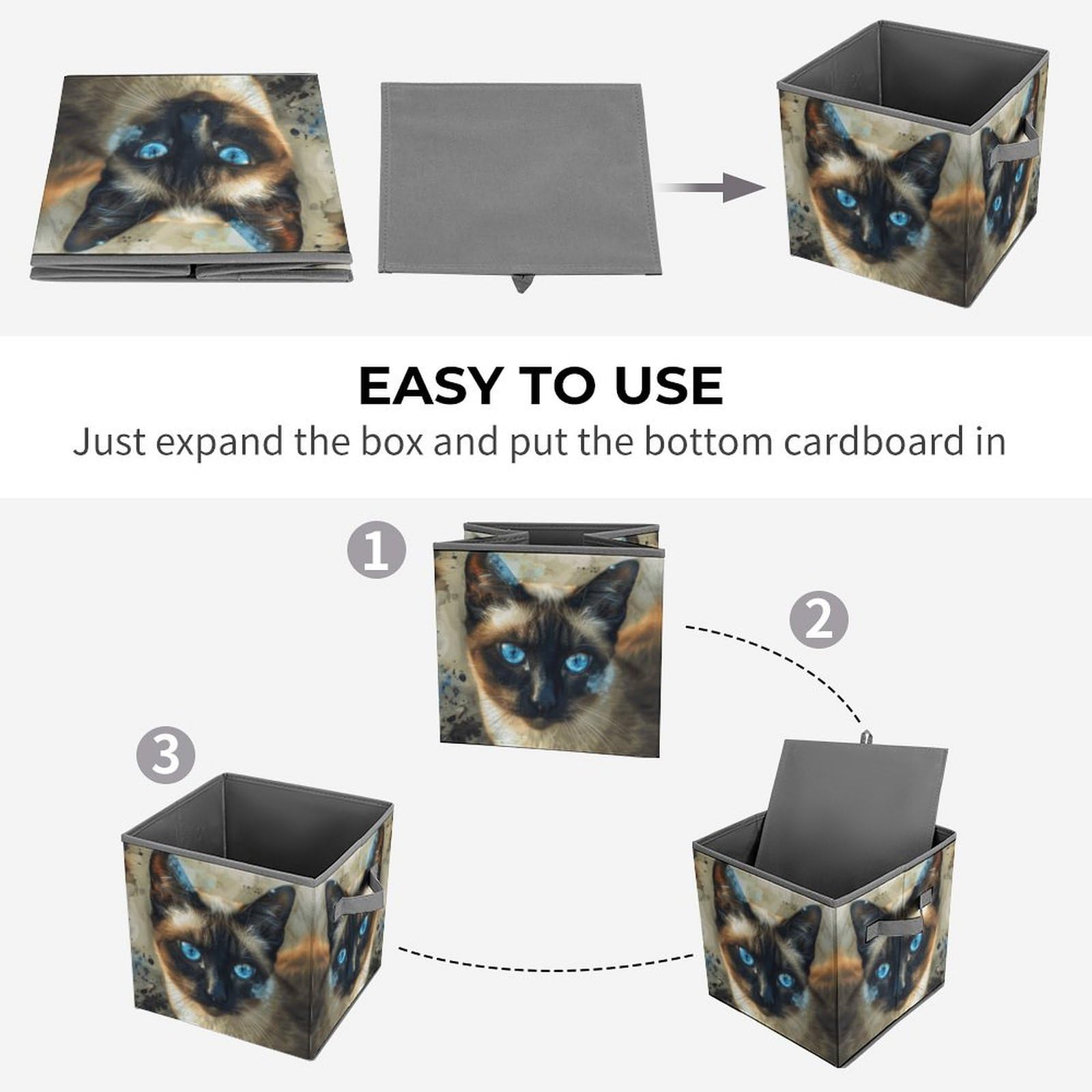 Collapsible Storage Cubes with Handles - 10.6×10.6 Inch Foldable Fabric Bins for Home Organization | Siamese Cat Printed Design | Perfect for Closet, Nursery, Office & Laundry Room Storage